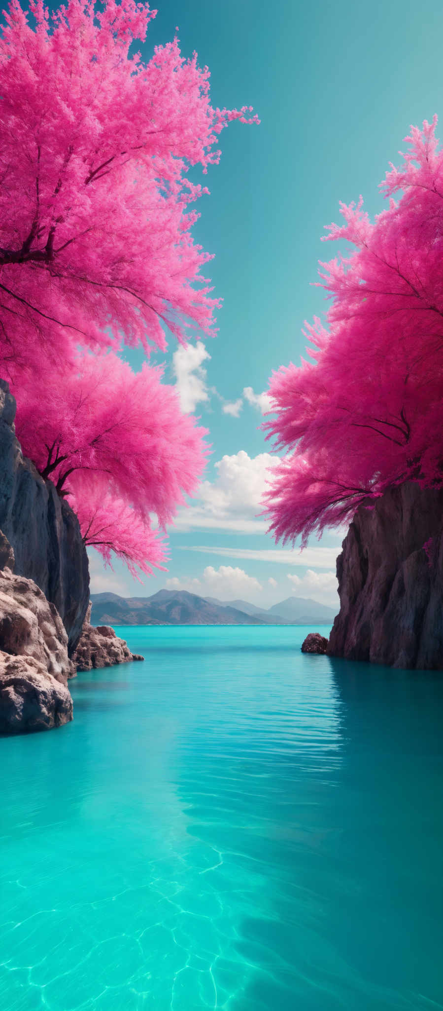 The image showcases a serene landscape with vibrant colors. Dominating the scene are large, pink-hued trees with dense foliage. These trees are situated on either side of a calm, turquoise-colored body of water, which appears to be a lake or a sea. The water is clear, allowing one to see the ripples on its surface. In the background, there are distant mountains or hills, and the sky above is a clear blue with a few scattered clouds.