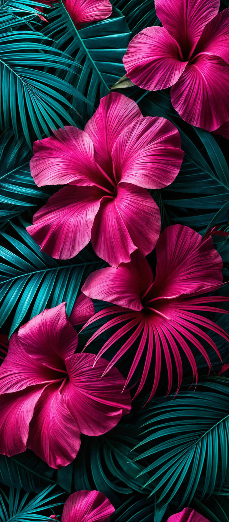 The image showcases vibrant pink flowers with intricate petal details. These flowers are surrounded by dark green, elongated palm leaves. The petals of the flowers are layered and have a smooth texture, while the leaves have a slightly wavy appearance. The overall color palette is dominated by shades of pink and green, creating a harmonious and visually appealing composition.