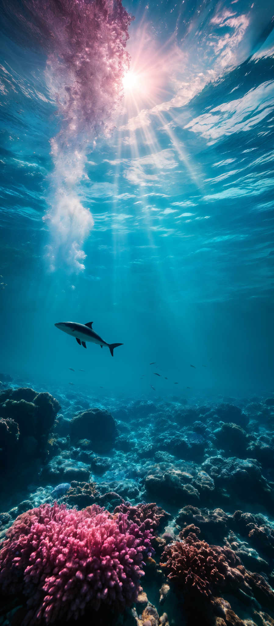 The image showcases a vibrant underwater scene. The dominant colors are shades of blue, representing the vastness of the ocean, and pink, representing a coral reef. The sun's rays pierce through the water, creating a radiant effect. Above the water's surface, there's a bubble or splash, and a silhouette of a fish can be seen swimming. The coral formations are diverse, with some appearing like mounds and others resembling branching structures. The overall ambiance is serene and captivating, highlighting the beauty and mystery of the underwater world.