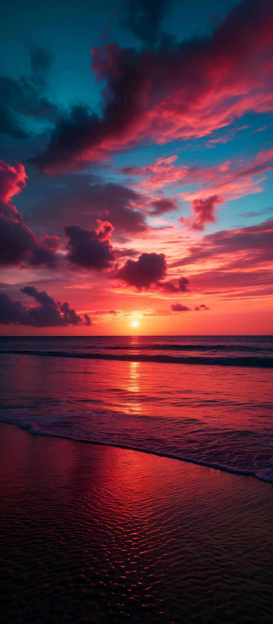 The image showcases a breathtaking sunset over a beach. The sky is painted with a myriad of colors, ranging from deep blues to fiery oranges and reds. The sun, nearing the horizon, emits a brilliant golden hue that reflects on the calm waters below. Dark, fluffy clouds are scattered across the sky, adding depth and contrast to the scene. The beach is visible in the foreground, with gentle waves lapping at the shore, creating a shimmering reflection on the wet sand.