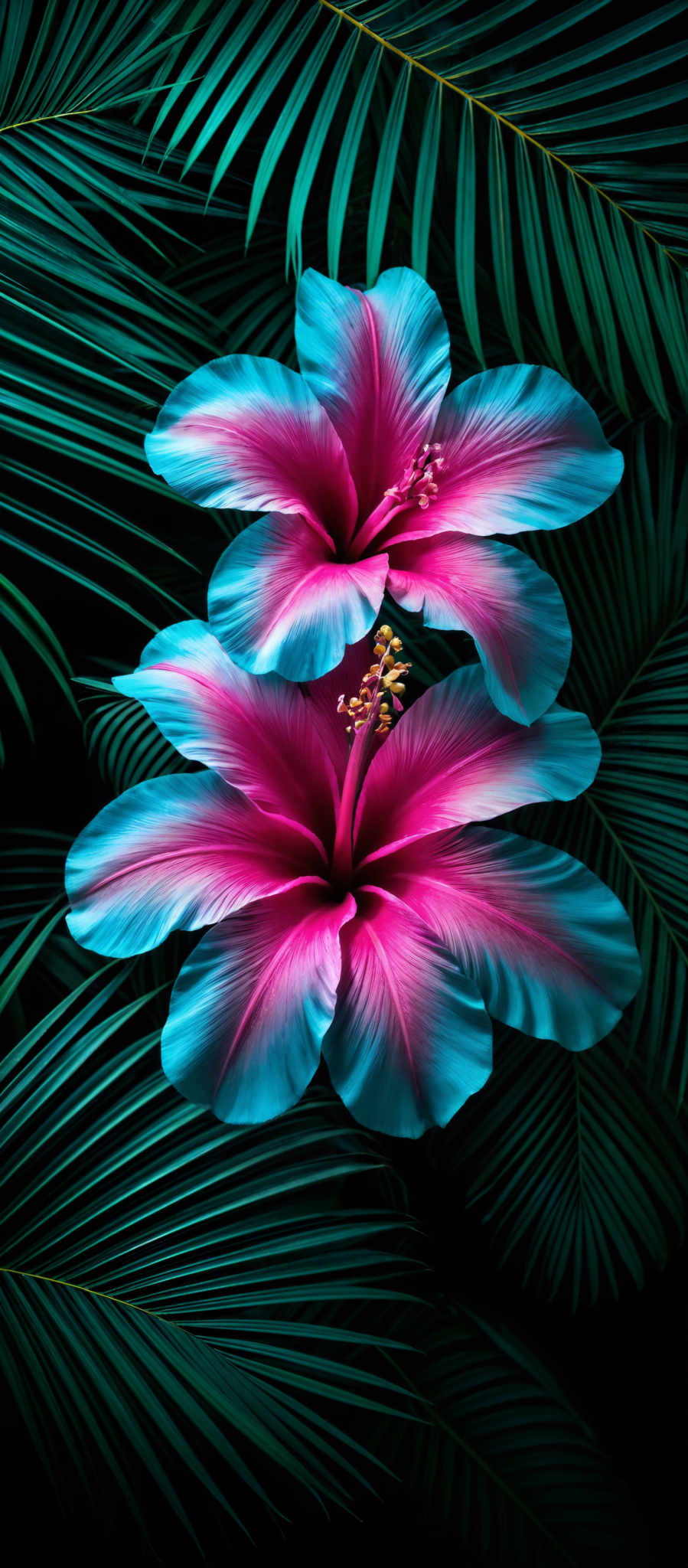 The image showcases vibrant hibiscus flowers with a gradient of colors ranging from deep blue to pinkish-red. The petals of the flowers are intricately detailed, displaying a smooth texture with subtle shadows. The center of the flower has a yellowish-brown stamen. Surrounding the flowers, there are dark green, elongated palm leaves that contrast beautifully with the flowers' colors. The overall composition gives a tropical and serene vibe.