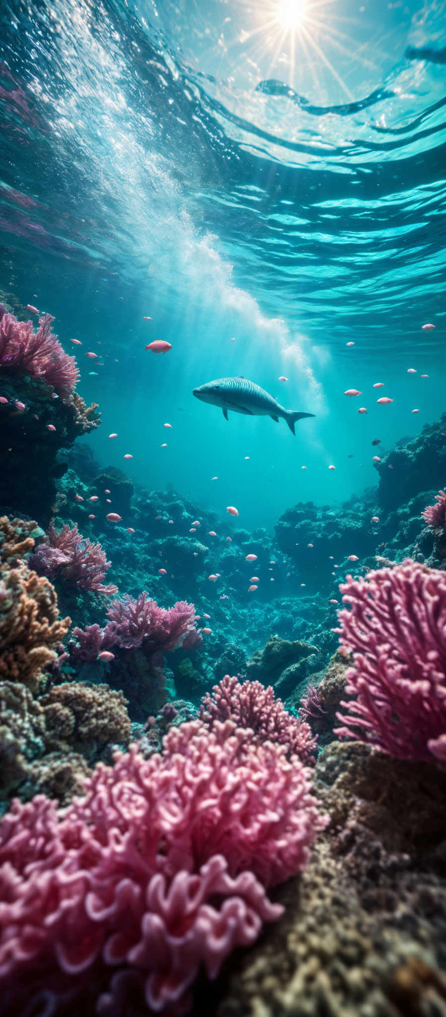 The image showcases a vibrant underwater scene. The dominant colors are shades of blue, representing the clear ocean water, and pink, representing coral formations. The corals are branching and have a wavy texture. There's also a fish swimming near the corals, which appears to be a small, elongated creature with a dark body and light-colored stripes. Above the water, sunlight is filtering through, creating a shimmering effect on the water's surface.