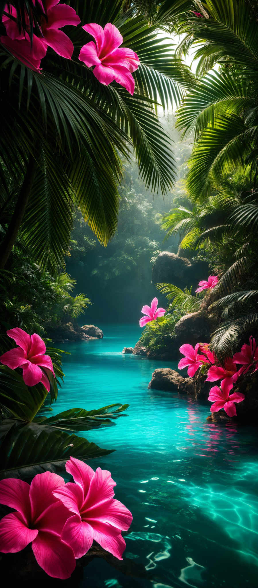 The image showcases a serene natural setting. Dominating the scene are vibrant pink flowers, possibly hibiscus, with large petals. These flowers are placed against a backdrop of lush green palm leaves, which are densely packed and have a characteristic wavy texture. The central focus is a tranquil turquoise-colored water body, possibly a lagoon or a small river, surrounded by rocks. The water reflects the surrounding greenery and the pink hibiscuses, adding to the overall beauty of the scene.