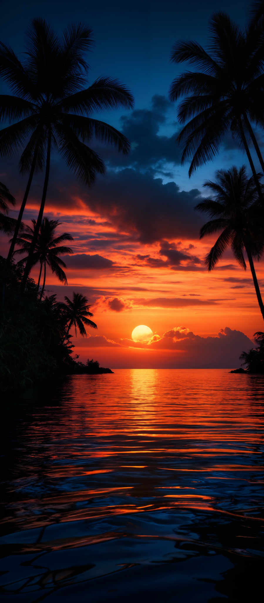 The image showcases a breathtaking sunset over a calm body of water. The sky is painted with hues of orange, yellow, and deep blue, with the sun nearing the horizon casting a golden glow. The water reflects these colors, creating a shimmering pattern. In the foreground, tall palm trees stand silhouetted against the vibrant sky, their fronds swaying gently. The horizon is marked by a line of distant islands or landforms.