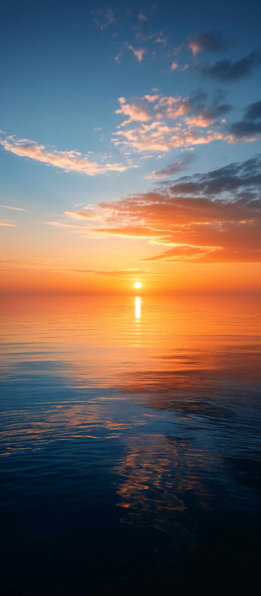 The image showcases a breathtaking sunset over a calm body of water. The sky is painted with hues of blue, transitioning to a fiery orange and gold near the horizon. The sun is captured just above the waterline, casting a brilliant reflection on the water's surface. The clouds are scattered across the sky, with some appearing fluffy and others more wispy, reflecting the sun's glow. The overall ambiance of the image is serene and tranquil.