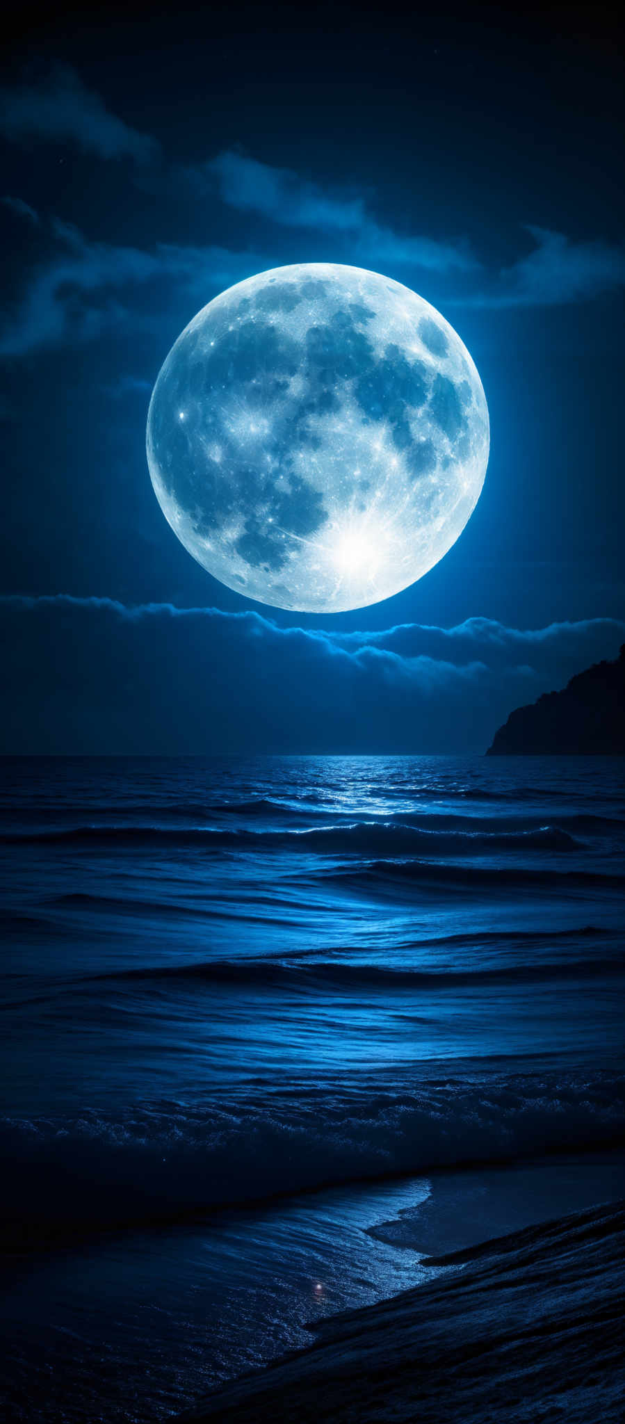 The image showcases a breathtaking night scene with a large, luminous moon dominating the sky. The moon is round with a bright, silvery hue, revealing craters and surface details. It casts a brilliant blue light that illuminates the surrounding clouds and reflects off the calm waters below. The sea has gentle waves, and the water reflects the moon's glow, creating a shimmering effect. The sky is dark with a few scattered stars, and there's a silhouette of a landmass or island on the right side.