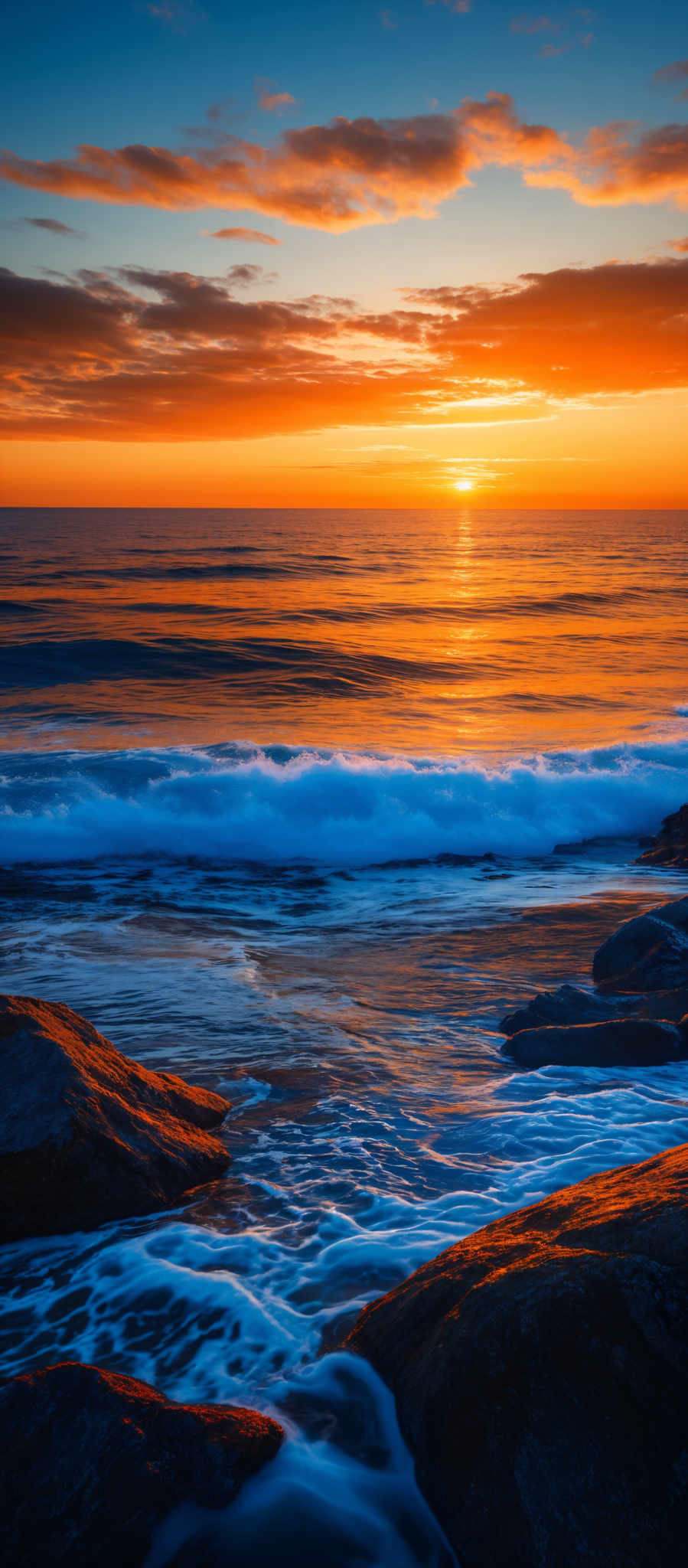 The image showcases a breathtaking sunset over the ocean. The sky is painted with hues of orange, gold, and deep blue, with the sun nearing the horizon casting a warm glow. The ocean reflects the colors of the sky, creating a shimmering effect. Waves crash onto the rocky shoreline, creating white foam. The rocks are dark and rugged, contrasting with the brightness of the scene. The overall composition is serene and captivating, evoking feelings of tranquility and awe.