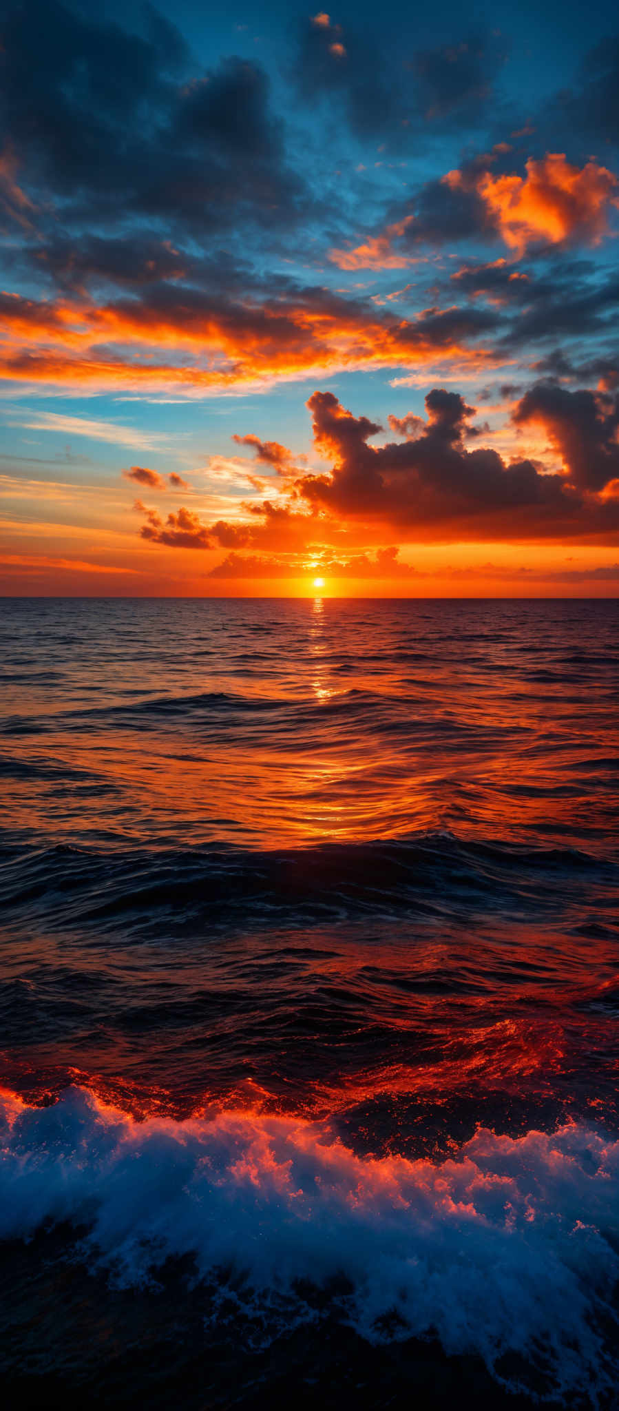 The image showcases a breathtaking sunset over the ocean. The sky is painted with a mix of deep blues, fiery oranges, and golden yellows. The sun, positioned near the horizon, emits a brilliant golden glow that reflects on the water below. Dark, fluffy clouds are scattered across the sky, adding depth and contrast to the scene. The ocean's surface is illuminated with the sun's reflection, creating a shimmering effect. Waves gently crash on the shore, their white foam contrasting with the darker waters.