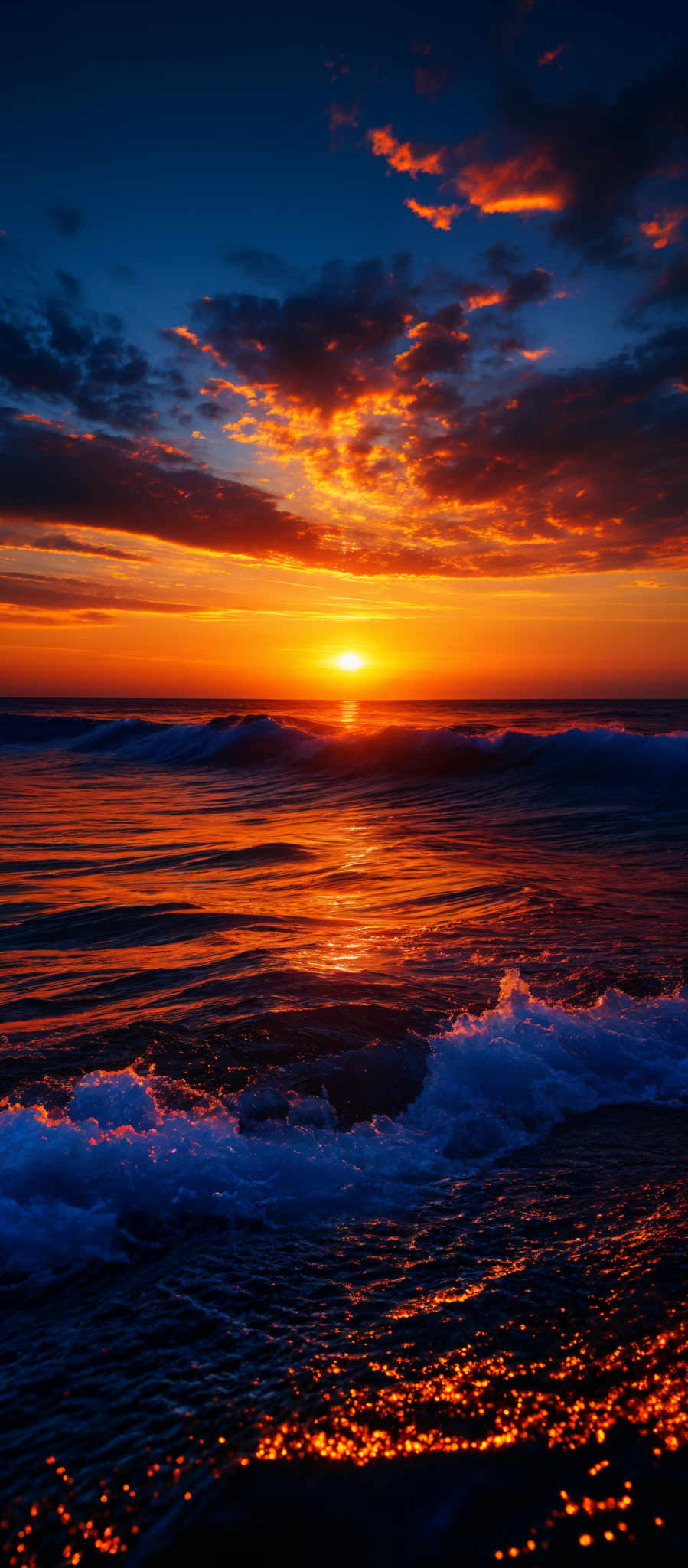 The image showcases a breathtaking sunset over the ocean. The sky is painted with hues of deep blue, fiery orange, and vibrant red, with scattered clouds reflecting the sun's golden light. The sun itself is a brilliant orb, casting a warm glow over the horizon. Below, the ocean waves crash gently, their white foam contrasting with the darker waters. The shimmering reflection of the sun on the water adds a shimmer of gold and orange to the scene.