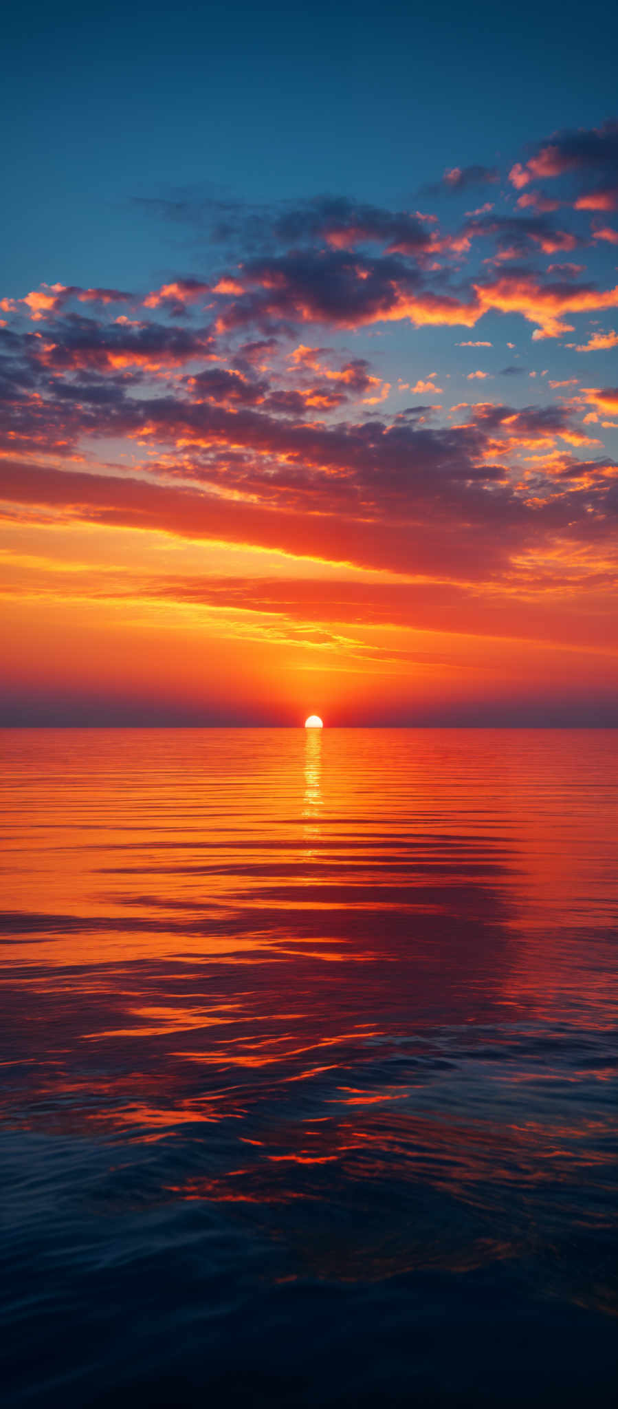 The image showcases a breathtaking sunset over a calm body of water. The sky is painted with a myriad of colors, ranging from deep blues at the top to fiery oranges and reds near the horizon. The sun is captured just above the waterline, casting a brilliant reflection on the water's surface. The clouds are scattered across the sky, with some appearing as fluffy white formations and others taking on a fiery hue, mirroring the colors of the sunset. The calm water reflects these colors, creating a harmonious and serene ambiance.