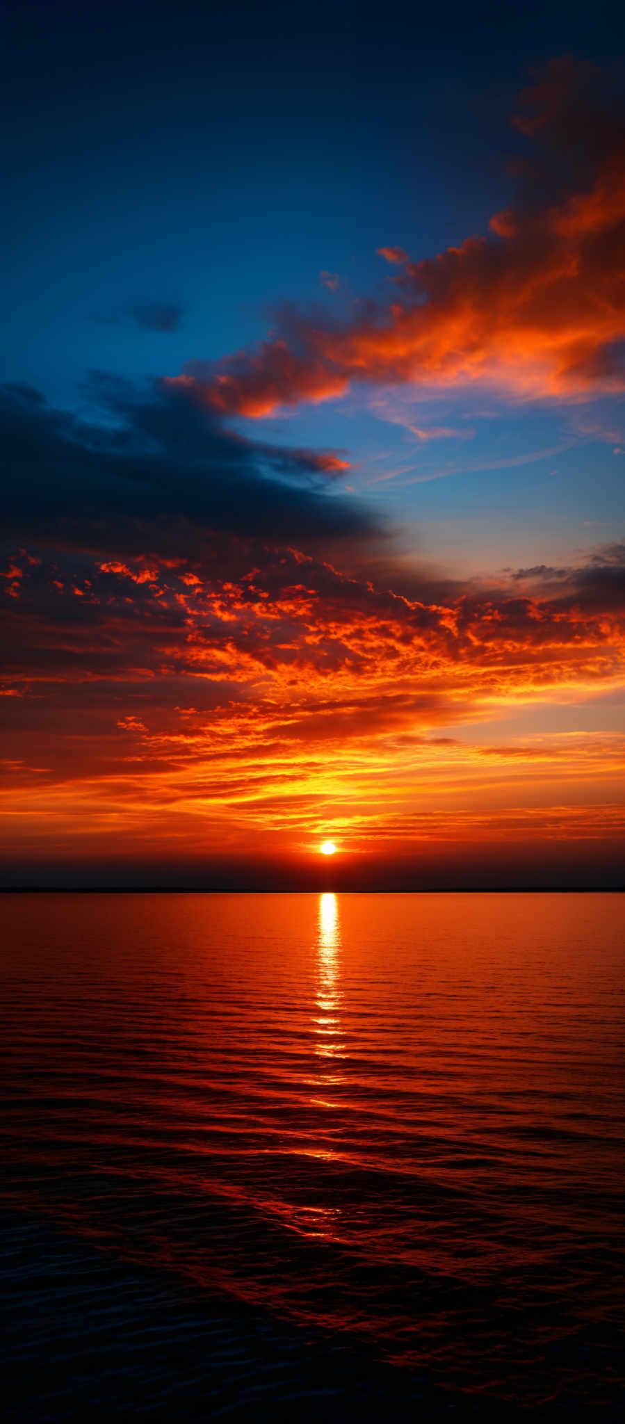 The image showcases a breathtaking sunset over a calm body of water. The sky is painted with a myriad of colors, ranging from deep blues at the top to fiery oranges and reds closer to the horizon. The sun is positioned near the center, casting a brilliant golden reflection on the water below. The clouds are scattered, with some appearing as thick, dark patches and others as wispy, light formations. The water reflects the colors of the sky, creating a harmonious blend of colors.