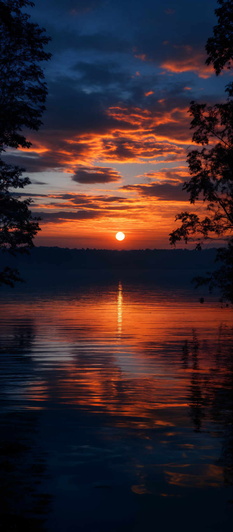 The image showcases a breathtaking sunset over a calm body of water. The sky is painted with a myriad of colors, ranging from deep blues to fiery oranges and reds. The sun, positioned near the horizon, emits a golden glow that reflects on the water below. Silhouettes of trees can be seen on the left side, framing the scene. The water's surface is smooth, mirroring the sky's colors and the sun's reflection, creating a serene and harmonious ambiance.