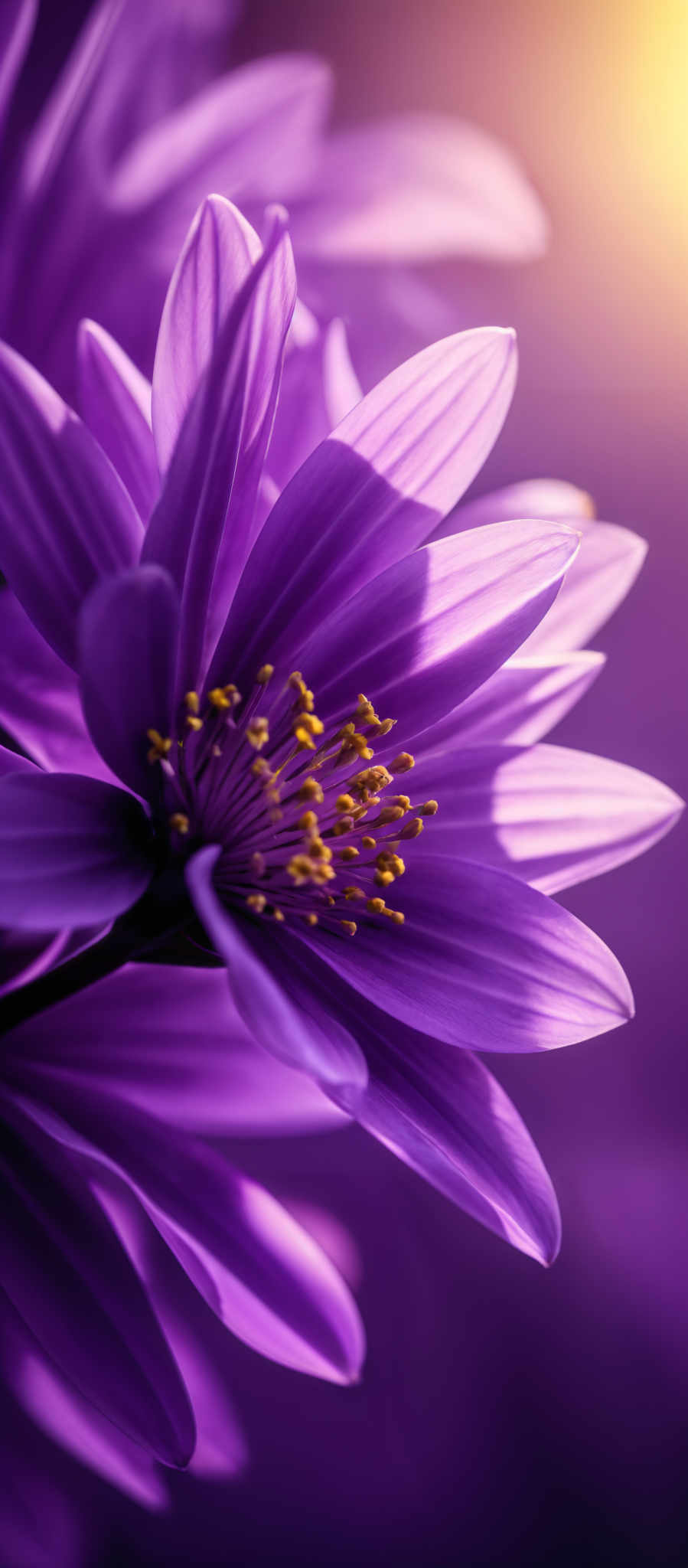 The image showcases a close-up of a vibrant purple flower. The flower has petals that are smooth and layered, radiating outwards in a gentle curve. The center of the flower is where the most intricate details are visible, with tiny yellow stamens clustered together. The background is a blend of deep purple and a hint of golden yellow, possibly representing sunlight filtering through.