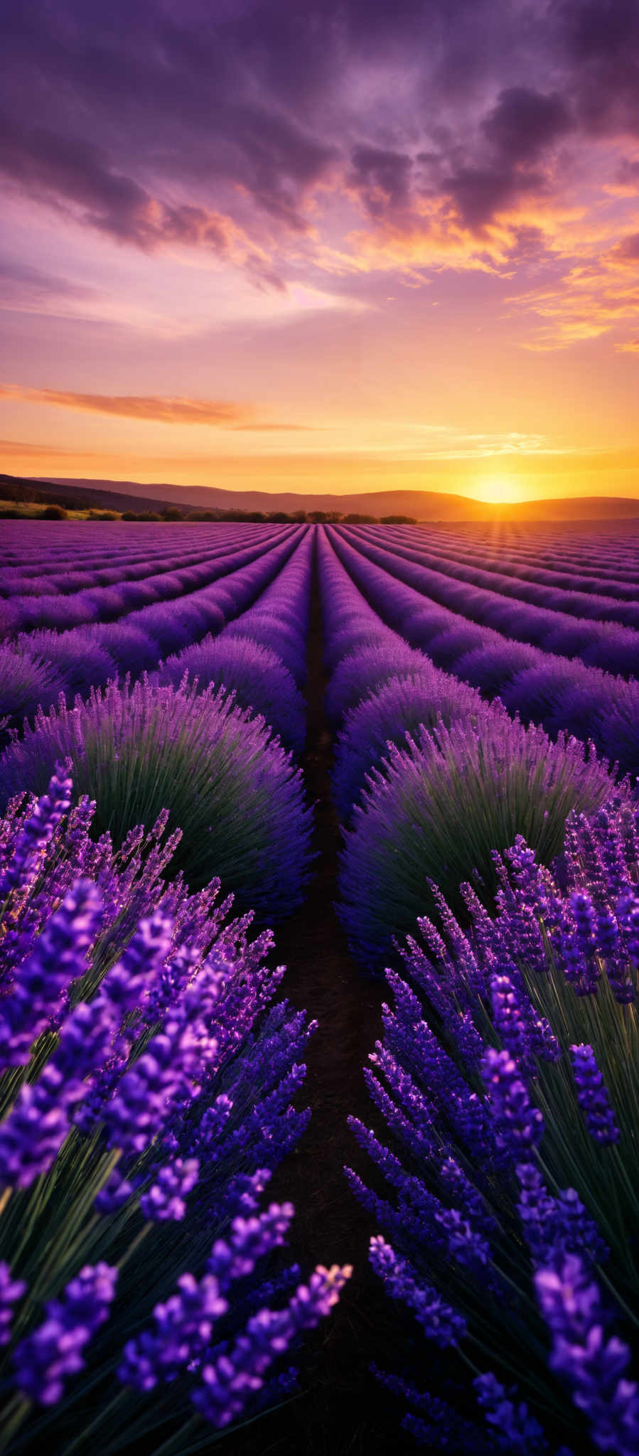 The image showcases a breathtaking landscape of lavender fields during sunset. The lavender plants are in full bloom, displaying vibrant shades of purple. The rows of lavenders are neatly aligned, leading the viewer's eyes towards the horizon. Above, the sky is painted with hues of orange, pink, and purple, with the sun setting in the distance. The clouds add depth and texture to the sky, reflecting the warm colors of the setting sun.