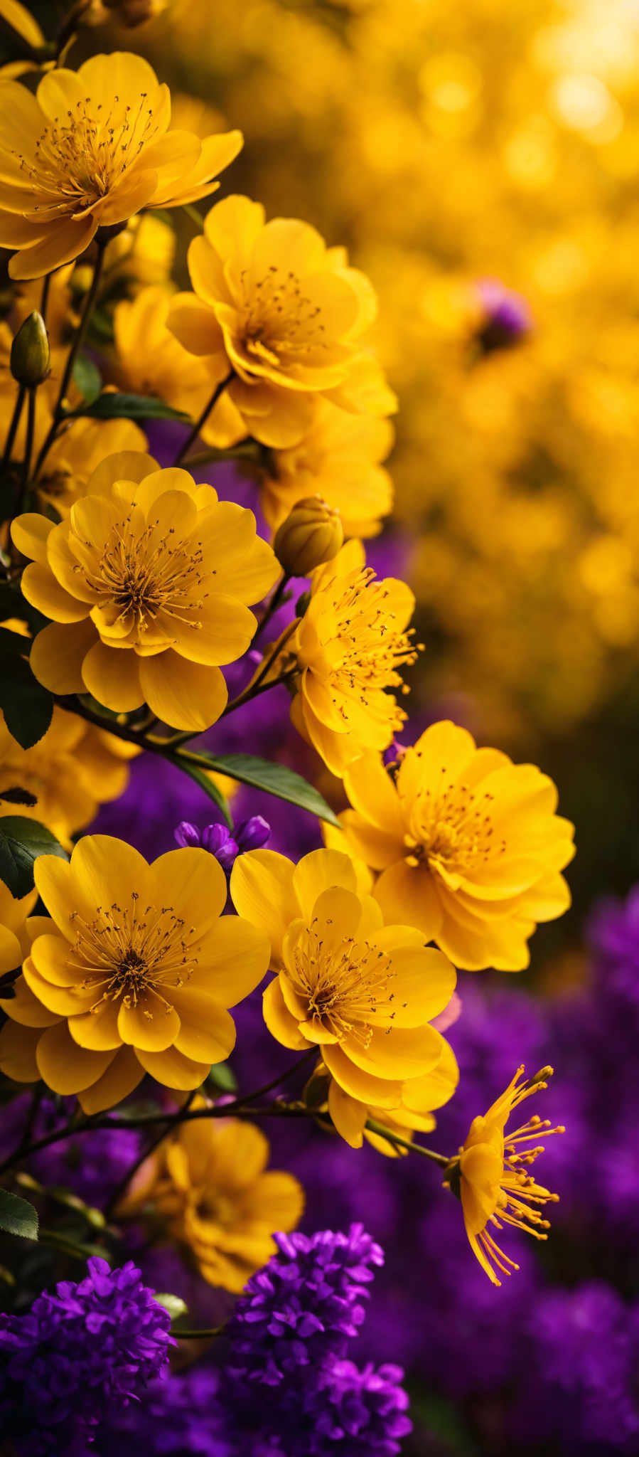 The image showcases vibrant and vivid colors. The dominant color is yellow, seen in the large, blooming flowers with intricate details in their centers. These flowers have a round shape with multiple petals layered over one another. The background is a blend of deep purple and golden hues, creating a contrast that accentuates the brightness of the yellow flowers.