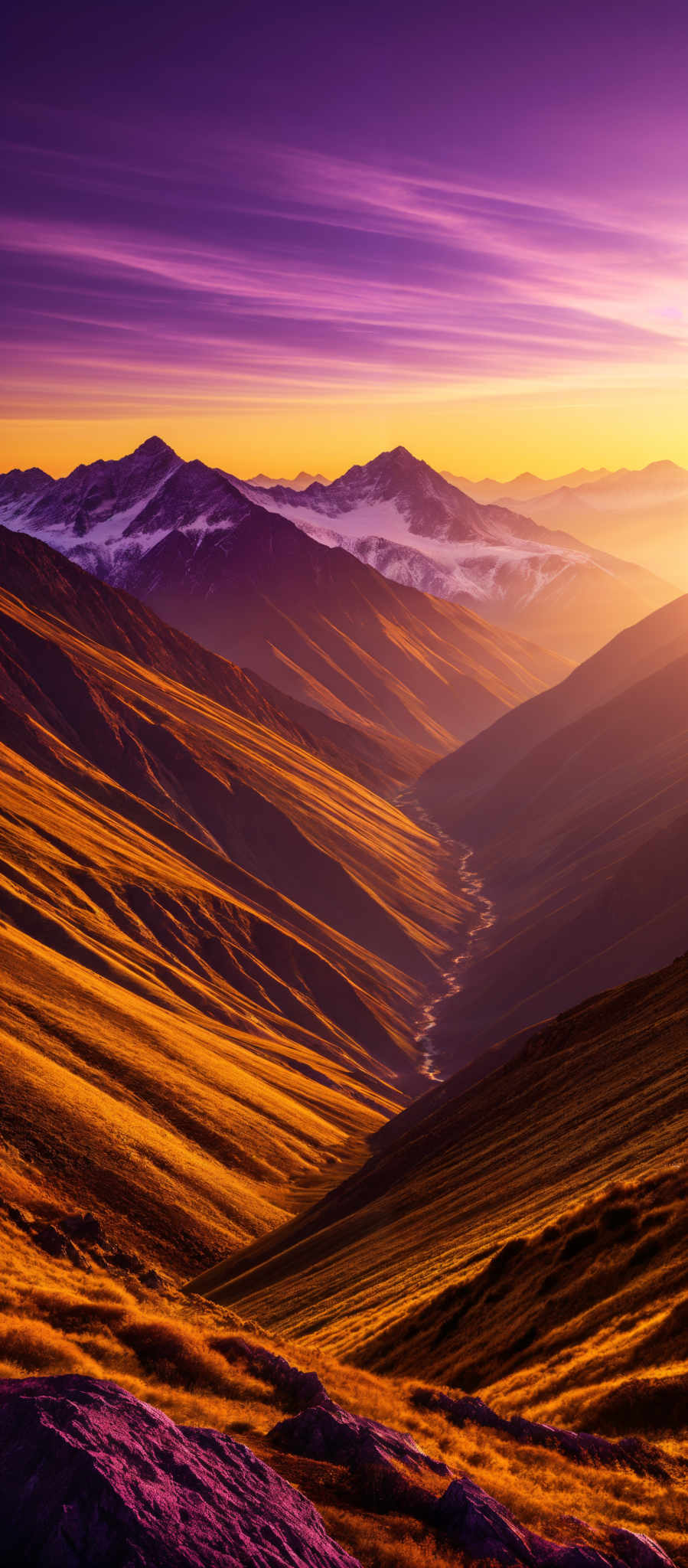 The image showcases a breathtaking landscape during what appears to be either sunrise or sunset. The sky is painted with hues of purple, pink, and orange, with streaks of clouds that seem to be moving swiftly. Below, a series of mountains with snow-capped peaks dominate the scene. The mountains are bathed in a golden light, highlighting their contours and ridges. In the foreground, there are undulating hills covered in what looks like golden grass or hay, interspersed with large rocks. A winding river or stream can be seen snaking its way through the valley between the hills.