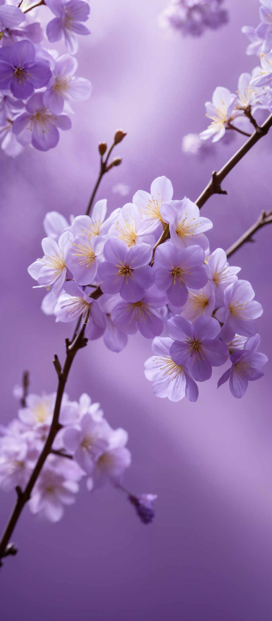 The image showcases delicate purple flowers with a clustered arrangement. The petals are soft and have a slightly translucent quality, revealing the yellowish-white stamen at their center. The flowers are attached to thin branches that stretch across the frame. The background is a gradient of purple, creating a serene and dreamy ambiance.