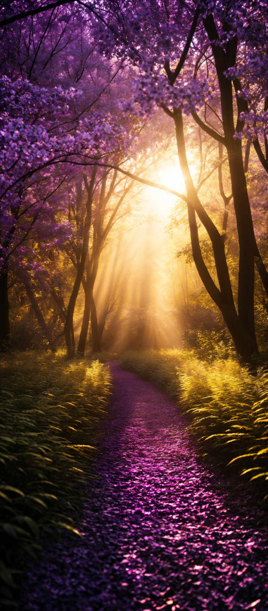 The image showcases a serene forest scene during what appears to be either dawn or dusk. The dominant colors are shades of purple, gold, and green. The trees have a unique, almost surreal shape, with their branches reaching out in various directions. The ground is covered with a vibrant purple carpet, possibly made of fallen petals or leaves. Sunlight filters through the trees, casting a warm golden glow on the scene and creating a magical ambiance.