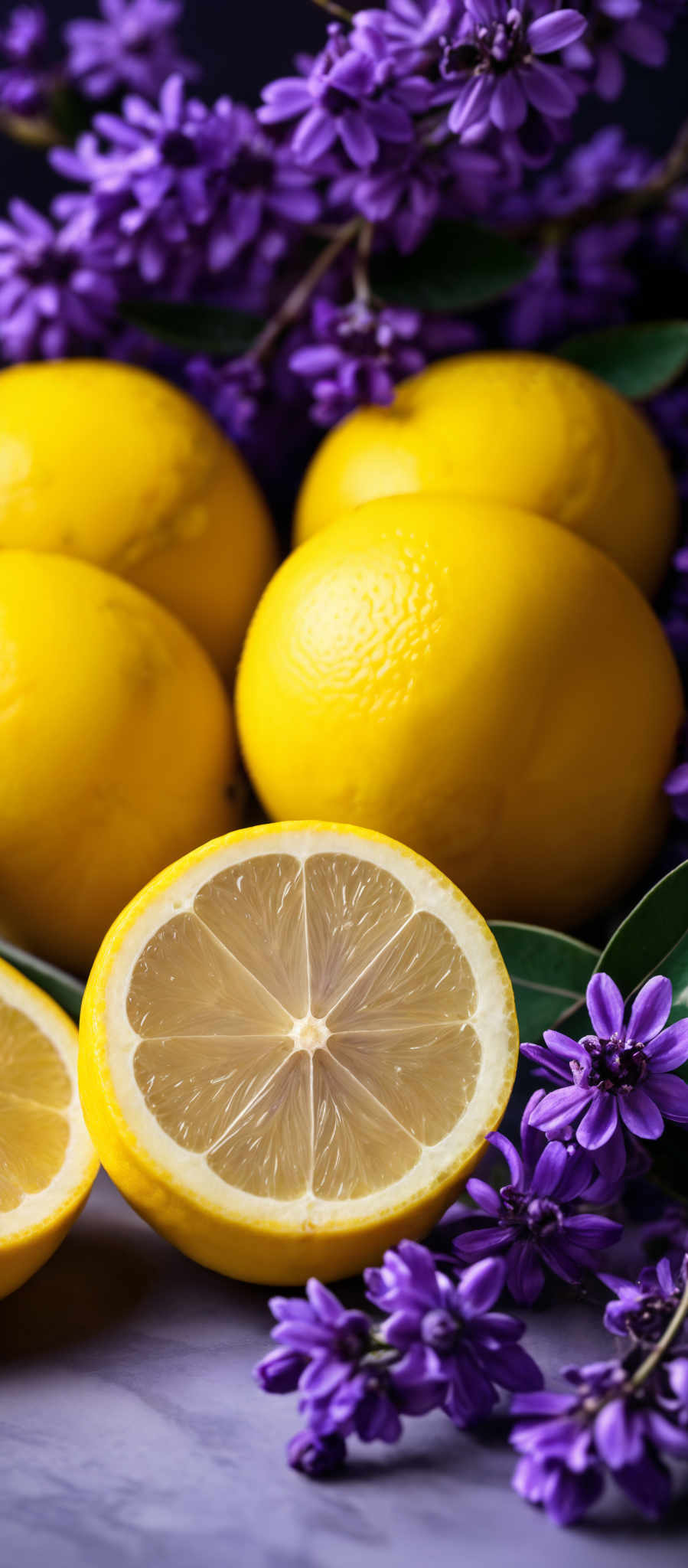 The image showcases vibrant yellow lemons, some of which are cut open to reveal their translucent, segmented interiors. The cut lemon is placed in the foreground, with its cross-sectional view highlighting the intricate patterns of its internal segments. Surrounding the lemons are clusters of deep purple flowers, which add a contrasting touch of color to the scene. The background is dark, which accentuates the brightness of the lemones and flowers, creating a visually striking composition.