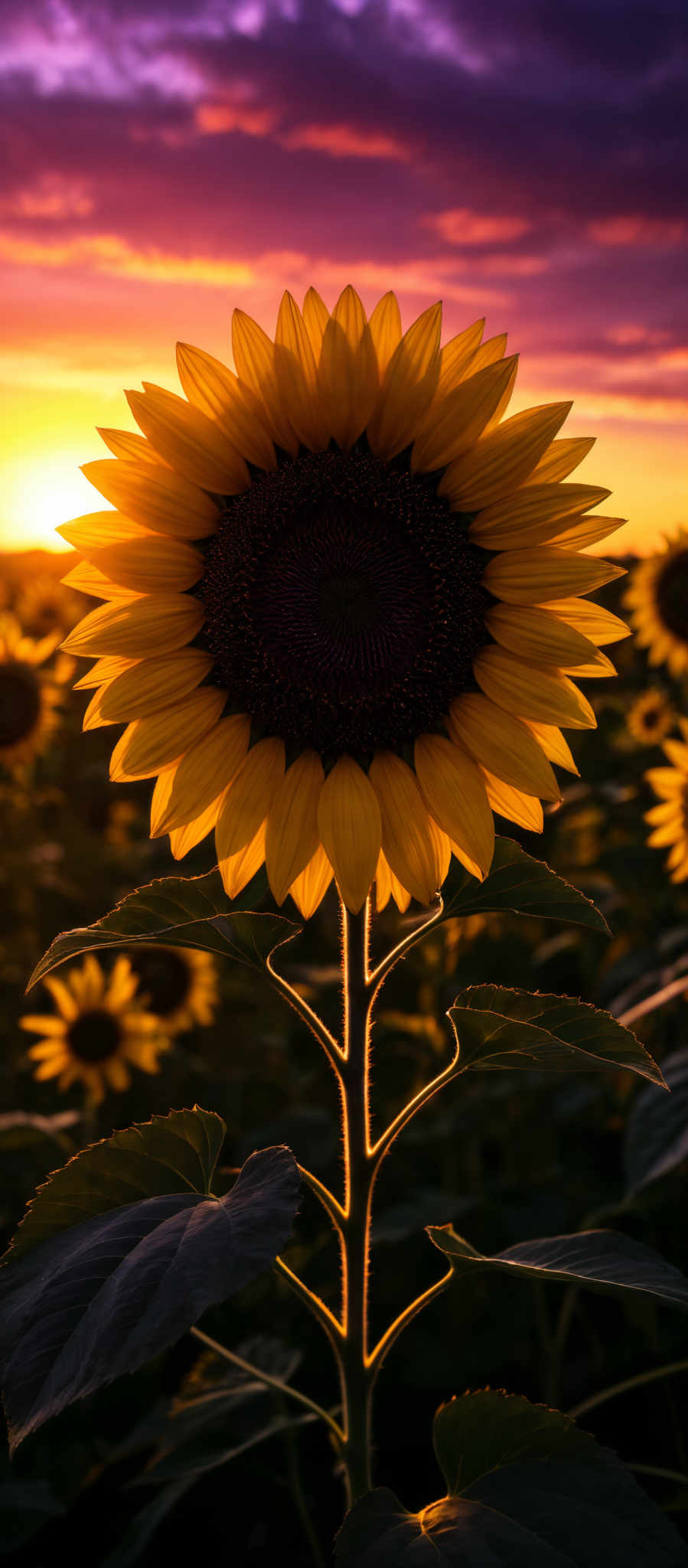 The image showcases a vibrant sunflower in the foreground, with its large, round, golden-yellow petals and dark brown center. The sunflowers are backlit by a setting sun, which casts a warm, golden hue over the scene. The sky is painted in shades of purple, pink, and orange, indicating either a sunrise or sunset. The horizon is visible, and the sun appears to be just below it. The background is filled with more sunflowERS, and they are bathed in the same golden light. The overall mood of the image is serene and picturesque.