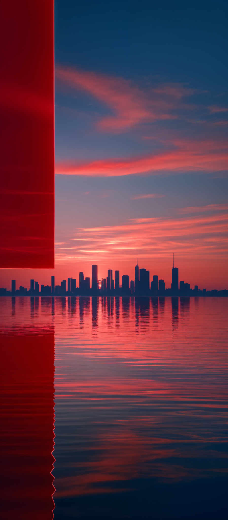 The image showcases a vibrant scene with a dominant red vertical structure on the left side. This structure casts a reflection on the calm water below. The sky is painted with hues of orange, pink, and blue, indicating either a sunrise or sunset. The silhouette of a city skyline is visible in the distance, with tall buildings and a single tower that stands out prominently. The city is reflected perfectly in the water, creating a mirror-like effect.