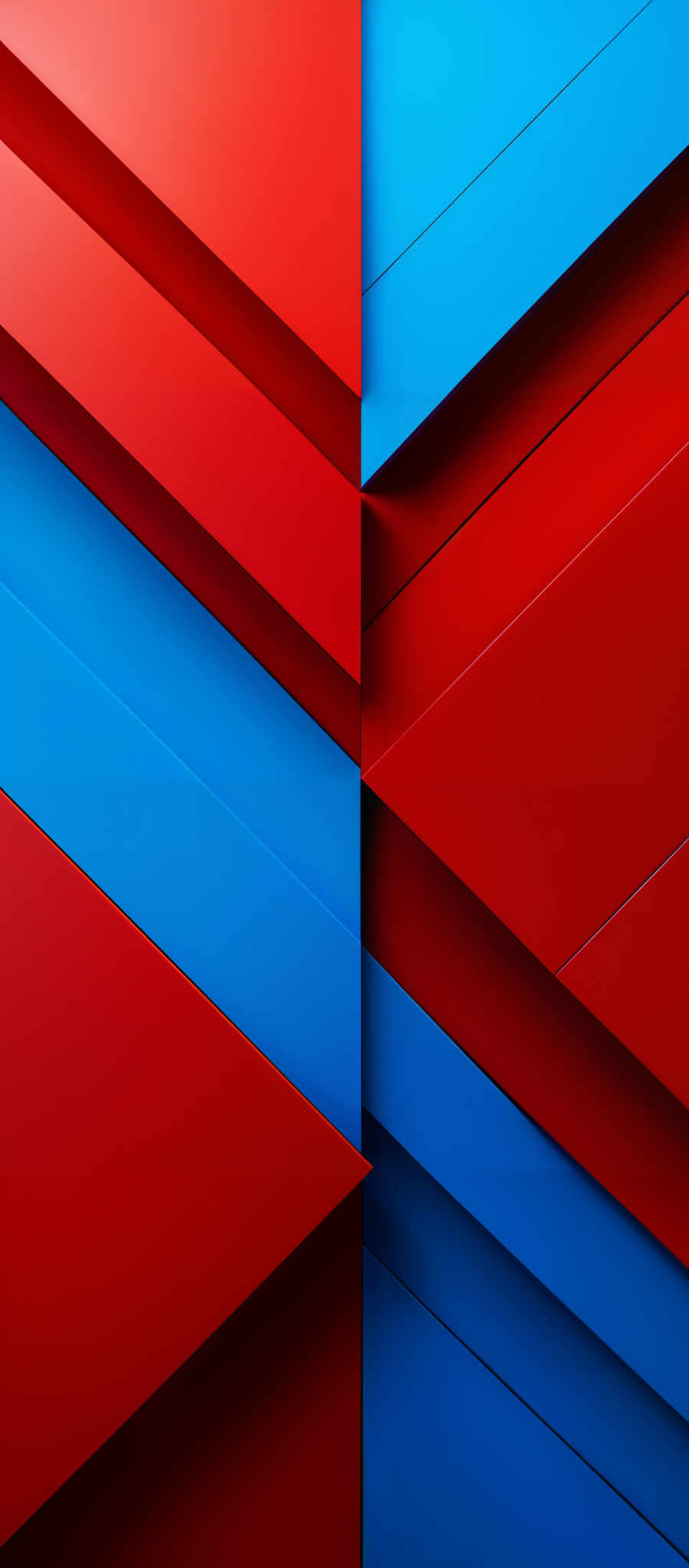 The image showcases a geometric design with alternating layers of red and blue. The red layers are smooth and have a glossy finish, while the blue layers have a matte appearance. The design consists of intersecting and overlapping rectangular and triangular shapes, creating a dynamic and modern look.