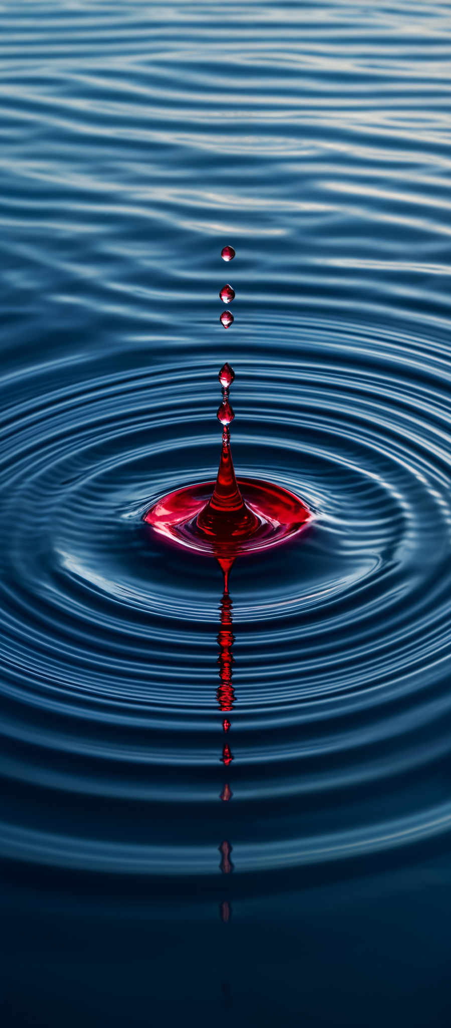 The image showcases a vivid scene of a water droplet creating ripples on a body of water. The droplets are captured in a high-speed photograph, capturing the moment just before they make contact with the water. They appear as tiny, spherical bubbles suspended in mid-air. The main droplett is red, with concentric circles of ripple emanating from its point of impact. The water itself is a deep shade of blue, reflecting the sky above. The overall image is a harmonious blend of colors, with the contrasting red droplete standing out prominently against the cool blue backdrop.