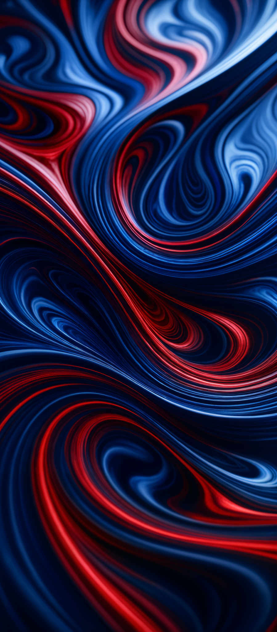 The image showcases a vibrant and intricate pattern of swirling colors. The dominant colors are deep blue, fiery red, and a touch of white. The swirls are fluid and dynamic, resembling the flow of molten lava or the swirled patterns seen in marbled stone. The shapes are predominantly curvy and wavy, creating a mesmerizing effect that draws the viewer's eye into the center of the image, where the colors seem to converge.