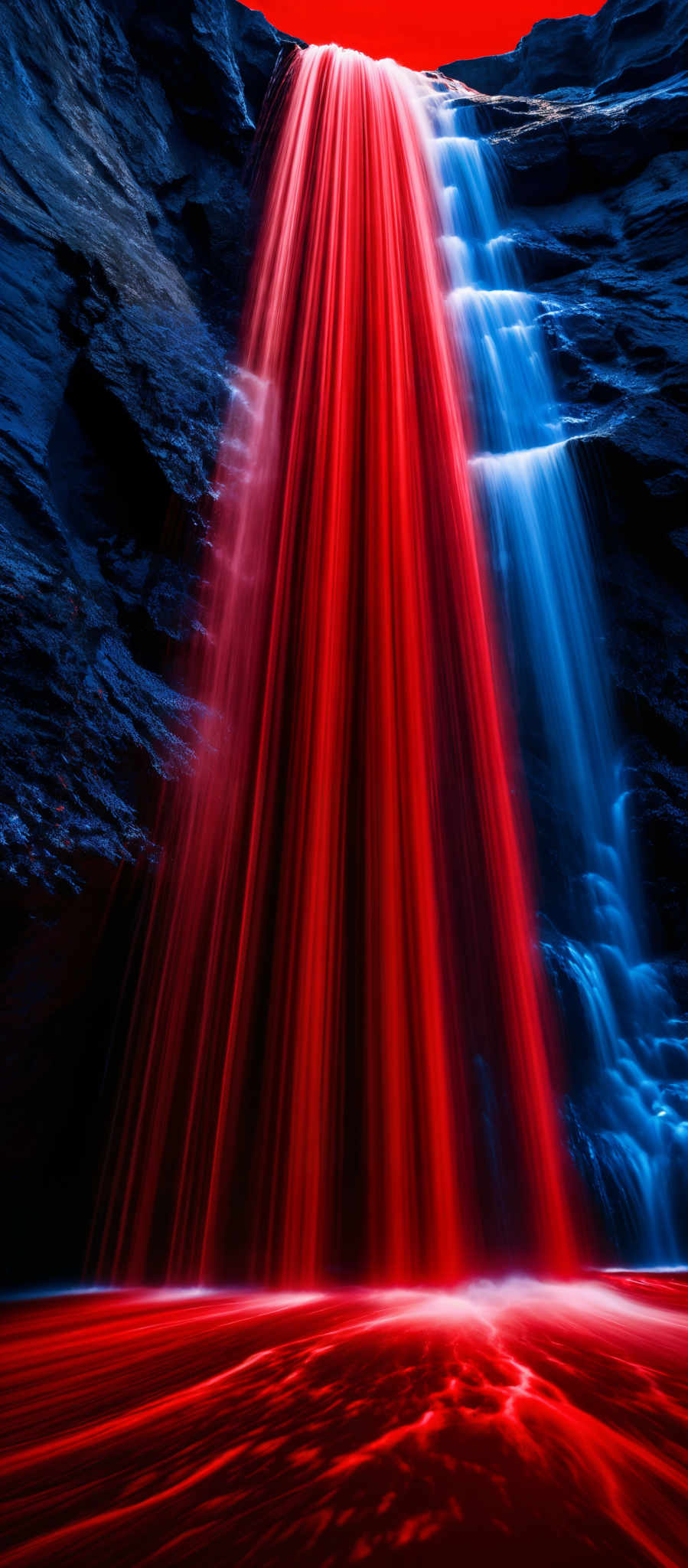 The image showcases a vibrant and captivating scene of a waterfall. The waterfall cascades down a rocky cliff, producing a bright red flow that contrasts starkly with the deep blue and black shades of the surrounding rock formations. The base of the waterfall is surrounded by a pool of water that reflects the red hue, creating a mesmerizing visual effect. The rocks surrounding the water are rugged and have a dark, almost black appearance, with some areas illuminated by the light, highlighting their texture and depth.