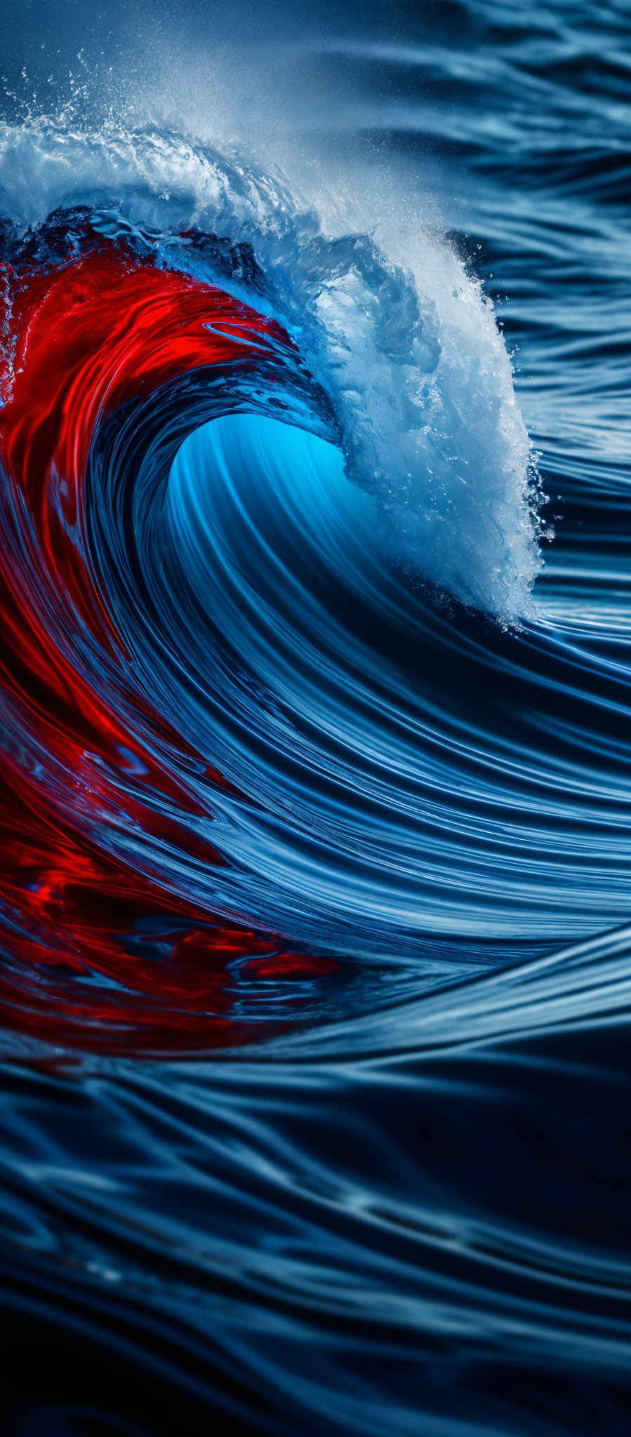 The image showcases a vibrant ocean wave. The wave is curling, forming a semi-circular shape, with its crest frothy and white. The water inside the wave is a deep red, contrasting starkly with the surrounding deep blue water. The motion of the wave creates a swirling pattern of colors, with the white foam at the top and the deep red at the bottom. The overall effect is both mesmerizing and dramatic.