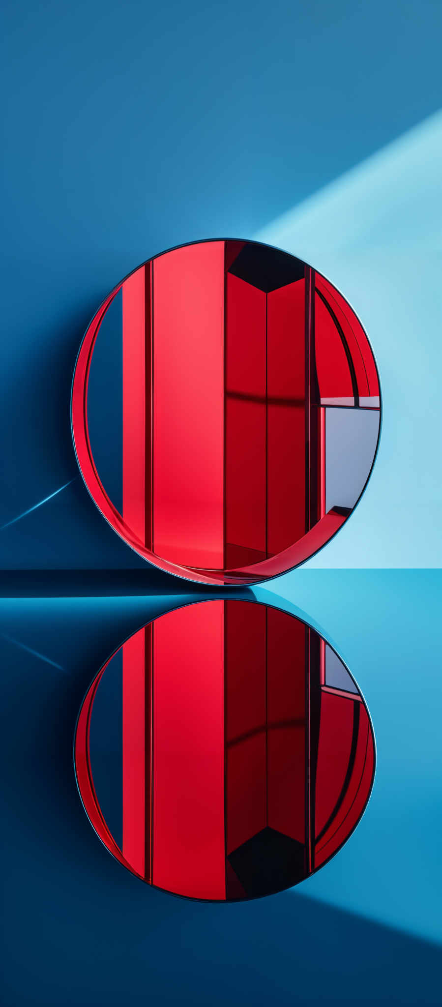 The image showcases a large oval-shaped mirror with a reflective surface. Within the mirror, there are vivid red and blue geometric patterns, possibly representing windows or panels. The background is a gradient of blue, transitioning from a deeper shade at the top to a lighter one at the bottom. The mirror's reflection on the floor creates a symmetrical visual effect, doubling the geometric patterns and the gradient of colors.