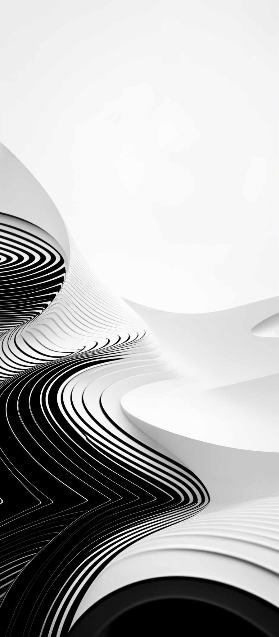 The image showcases a monochromatic, black and white design. It prominently features undulating, wavy lines that appear to be in a flowing motion. These lines create a sense of movement and fluidity. The design is symmetrical, with the lines converging towards the center, creating a visually pleasing and harmonious effect. The overall shape resembles a series of interconnected, swirling patterns, reminiscent of abstract representations of waves or fluid motion.