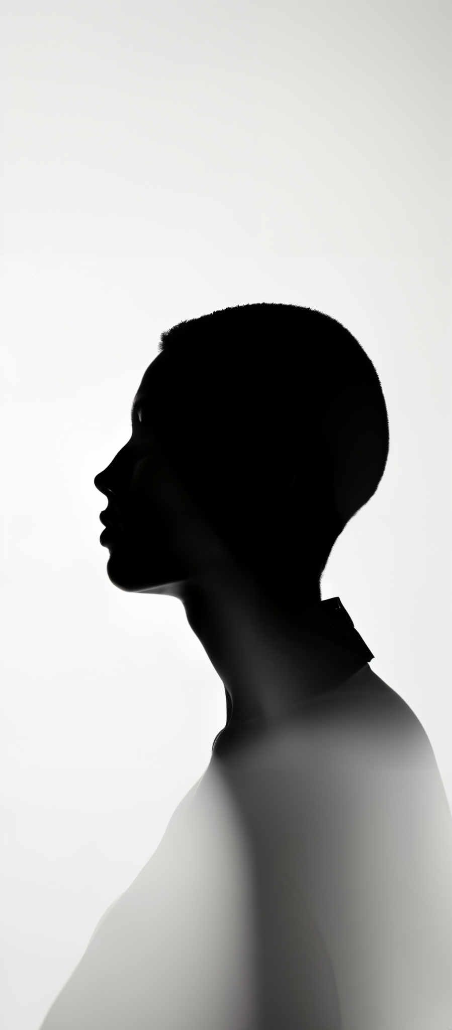 The image showcases a silhouette of a person's side profile. The dominant colors are black and white, with the subject being in shadow, making the features appear as dark outlines against a bright background. The shape is that of a human head and neck, with distinct features such as the nose bridge, lips, and the contour of the jawline. The silhouetted figure appears to be looking upwards or in a contemplative pose.