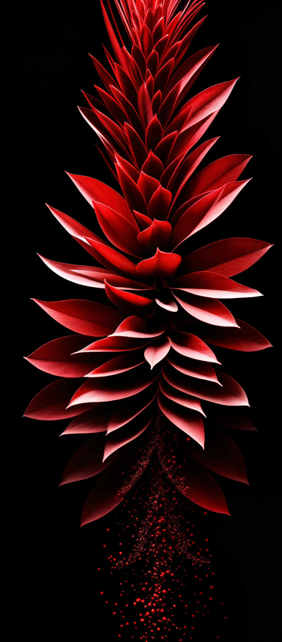 The image showcases a vibrant, symmetrical arrangement of layered, elongated, and pointed structures that resemble leaves or petals. They are in varying shades of red, with some appearing lighter and others darker. The background is a deep black, which accentuates the brightness and color of the structures. At the bottom of the image, there's a cascade of small, red, spherical particles that seem to be dispersing or falling.