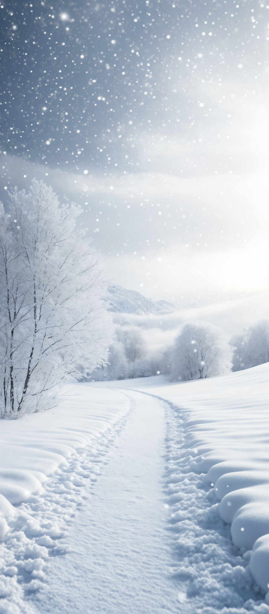 The image showcases a serene winter landscape. The dominant colors are shades of blue and white, representing the cold and snowy environment. The sky is filled with snowflakes, creating a soft, snowy texture. The ground is blanketed in thick snow, forming a smooth pathway that leads the viewer's eye into the distance. On the left, there are trees covered in a thick layer of snow, their branches appearing like frosted branches. The trees on the right are slightly obscured by a mist or fog, adding a mysterious ambiance to the scene.