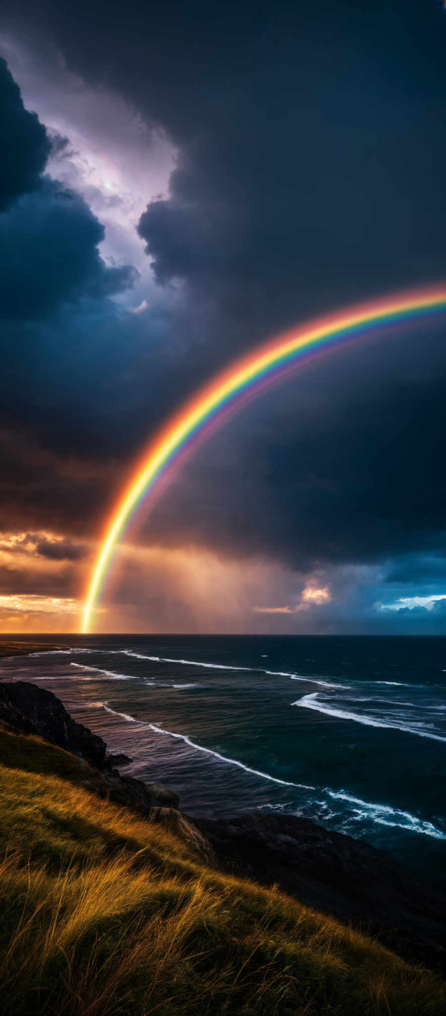 The image showcases a vibrant rainbow arching over a coastal landscape. The colors of the rainbow range from deep reds and oranges at the outer edge to lighter blues and greens towards the center. The landscape features rugged cliffs on the right, with grassy fields leading up to them. The ocean stretches out to the horizon, with waves crashing onto the shore. Above, the sky is a mix of dark storm clouds and lighter, golden hues, possibly indicating either a sunrise or sunset.