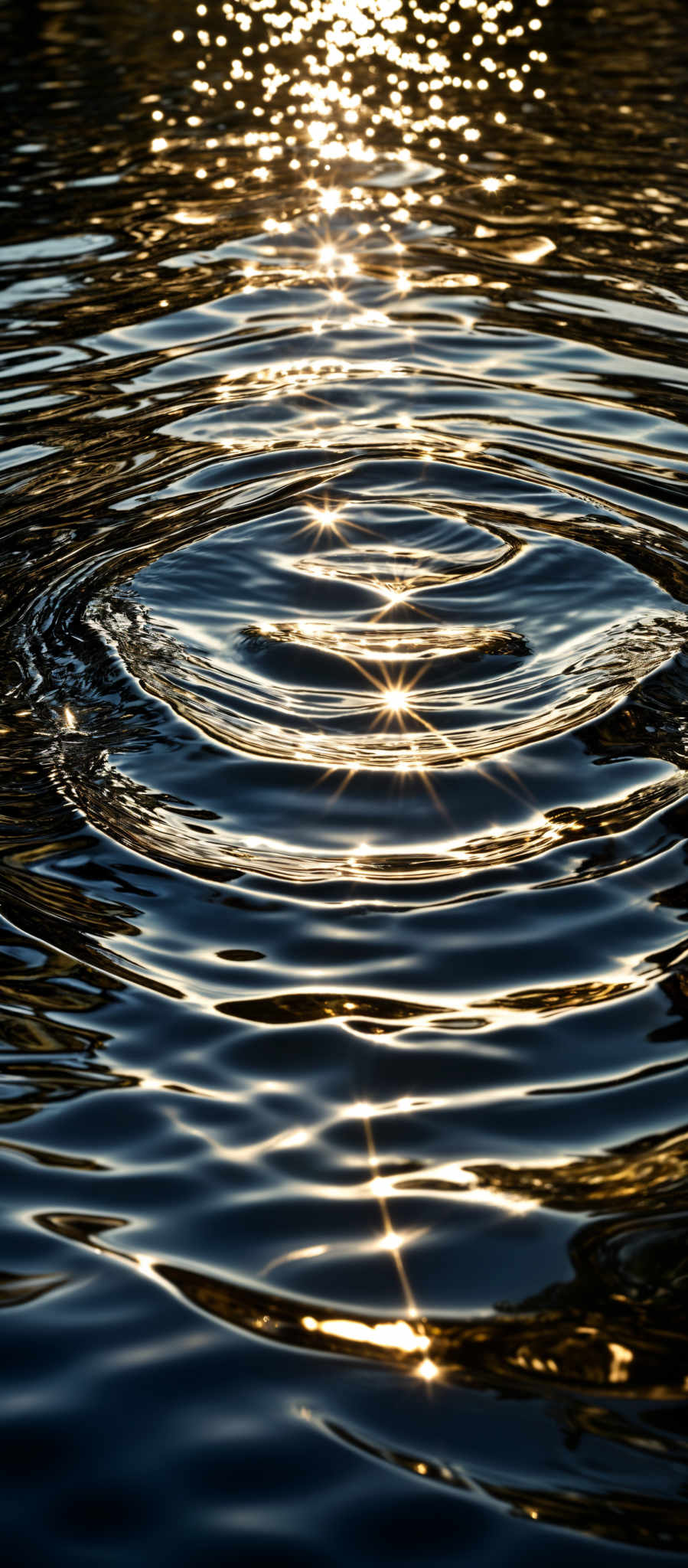 The image showcases a close-up view of water, capturing the ripples caused by a disturbance. The water reflects the sunlight, creating a shimmering effect. The color palette consists of deep blues and golden hues, with the golden light creating a radiant pattern on the water's surface. The shape is circular, with concentric ripple patterns emanating from a central point, likely where the disturbance occurred.