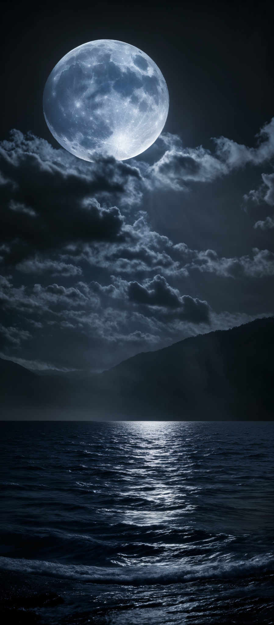 The image showcases a breathtaking night scene. Dominating the top half is a large, luminous moon with a cratered surface, casting a bright glow. It's surrounded by a few wispy clouds, which are illuminated by the moon's light. Below the moon, there's a serene body of water reflecting the moonlight, creating a shimmering path across the water. The water's surface has gentle waves, and its dark hue contrasts with the moonlit sky. In the background, there are silhouettes of mountains, adding depth to the scene. The overall color palette is a mix of deep blues, blacks, and whites, creating