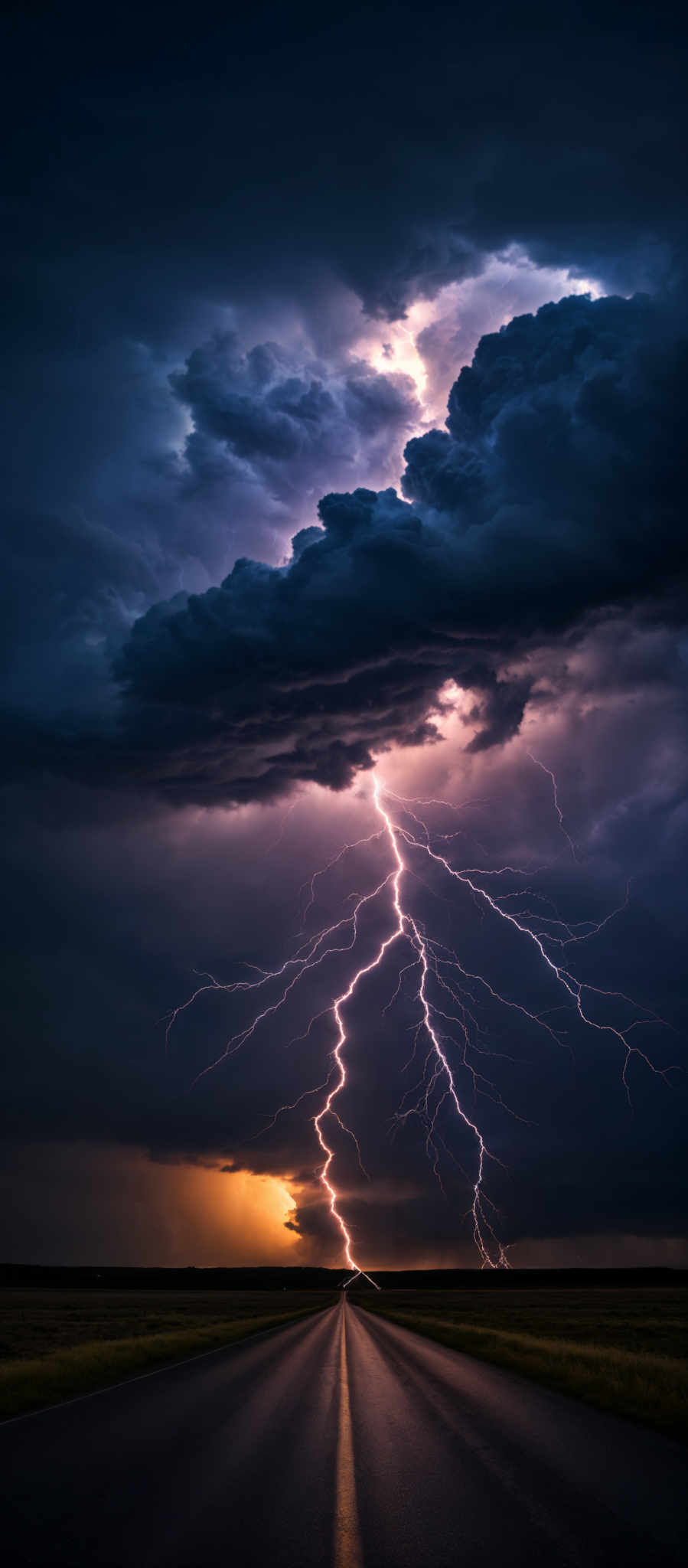 The image showcases a dramatic and intense scene of nature. Dominating the sky are dark, ominous clouds, with some areas illuminated by a soft, golden light, possibly from the setting or rising sun. A powerful lightning bolt, bright and white, strikes down from the clouds, branching out into multiple tendrils that spread across the sky. The ground below is a straight, empty road that stretches into the distance, leading the viewer's eye towards the horizon. The road is wet, reflecting the light from the sky, and there's a visible yellow dividing line in the middle. The overall mood of the image is one of awe and respect for the