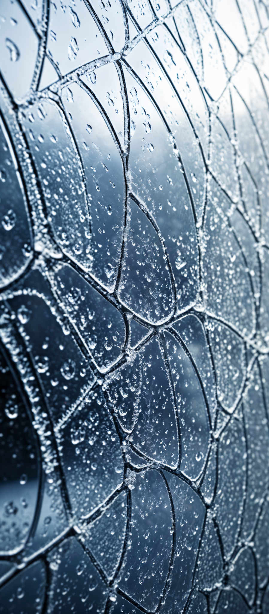 The image showcases a close-up of a patterned surface, possibly a window or a glass panel. The dominant color is a deep shade of blue, which gives the image a cool and serene ambiance. The pattern consists of interconnected lines forming a mesh-like structure. These lines are intricately designed, creating a sense of depth and dimension. The surface is adorned with numerous water droplets, reflecting light and adding a touch of realism to the image, suggesting that it might have rained or that the surface is wet.