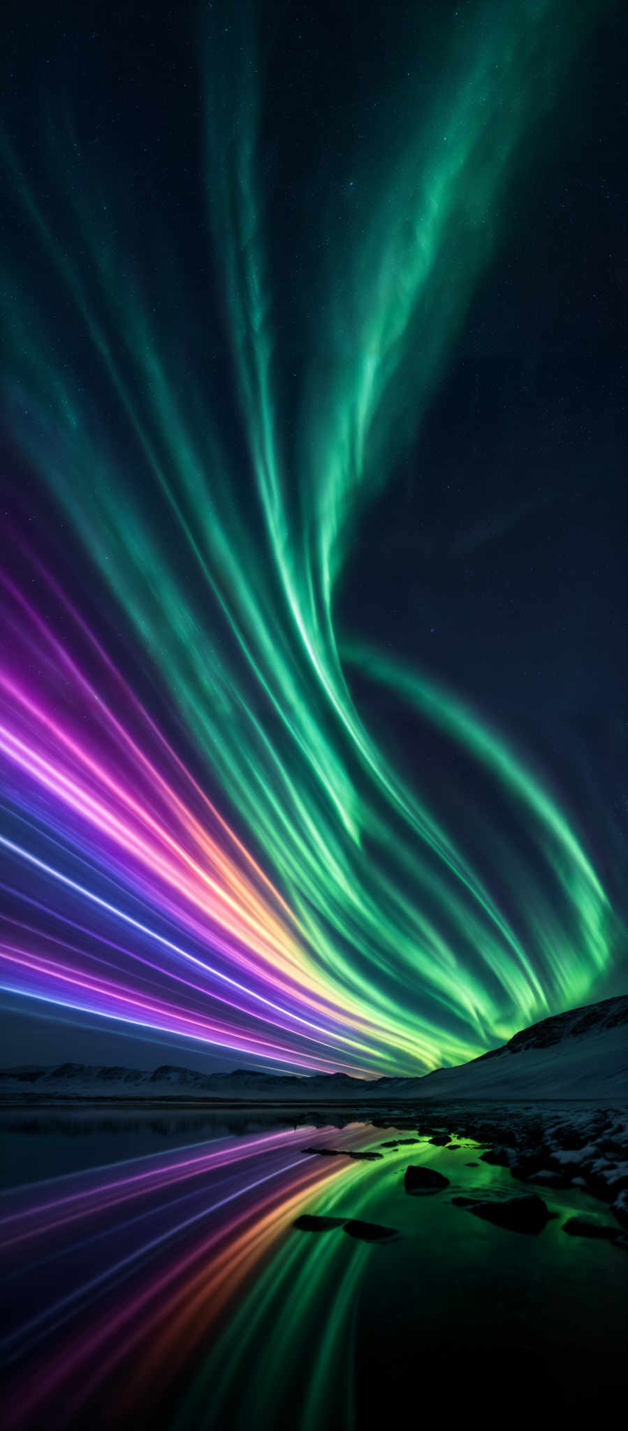 The image showcases a breathtaking display of the Northern Lights, also known as the Aurora Borealis. The colors range from vibrant green to deep purple, creating a mesmerizing swirl across the night sky. The shape is reminiscent of curtains or waves, flowing gracefully and intertwining with one another. The Aurora is reflected beautifully in a calm body of water below, creating an almost symmetrical view. The landscape surrounding the water is snowy and serene, with a distant horizon that fades into the darkness of the night.