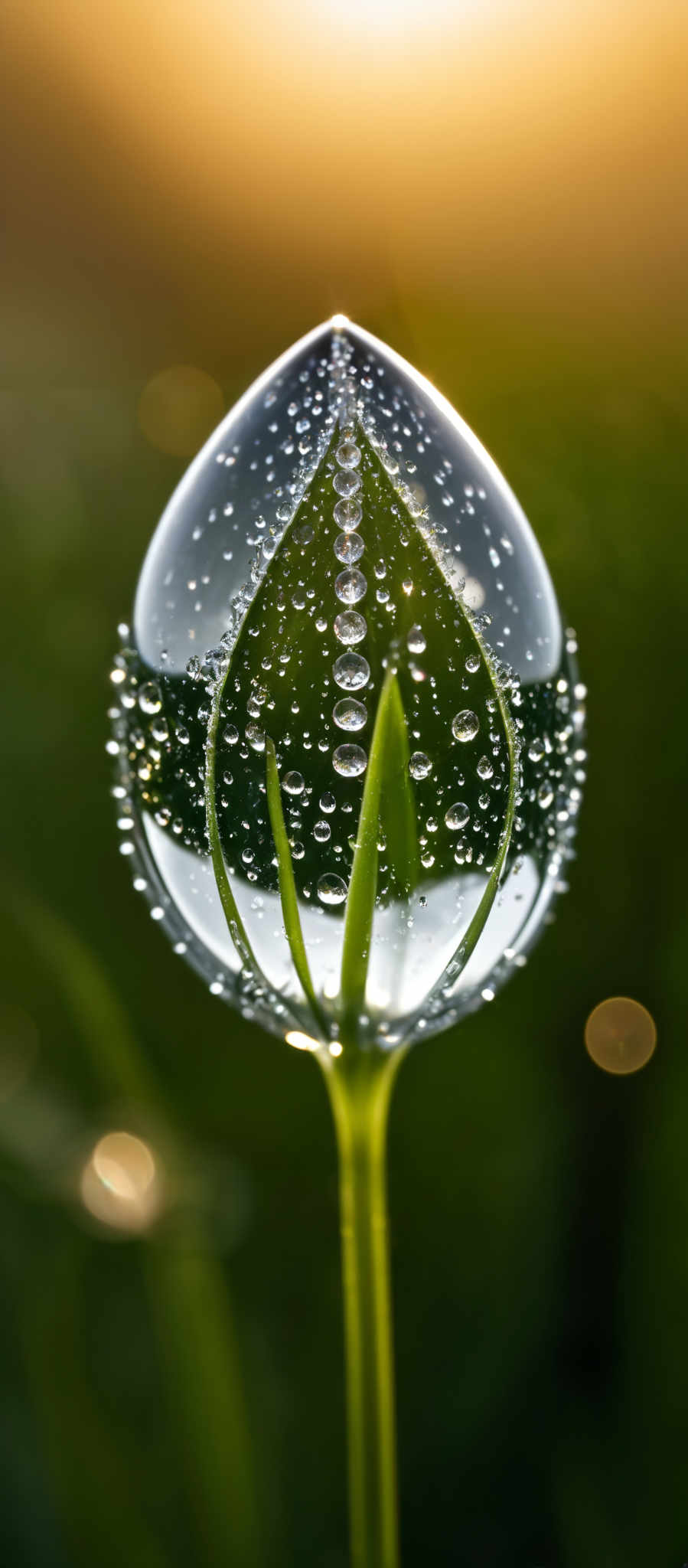 The image showcases a transparent, teardrop-shaped object, possibly a droplet or a dew-covered leaf, held aloft by a thin stem. The object is adorned with numerous tiny droplets of water, which reflect light, giving them a shimmering appearance. Within the droplettes, one can observe a green, elongated structure, possibly the stem or a part of a plant, further emphasizing the natural setting of the image, possibly during early morning when dew forms.