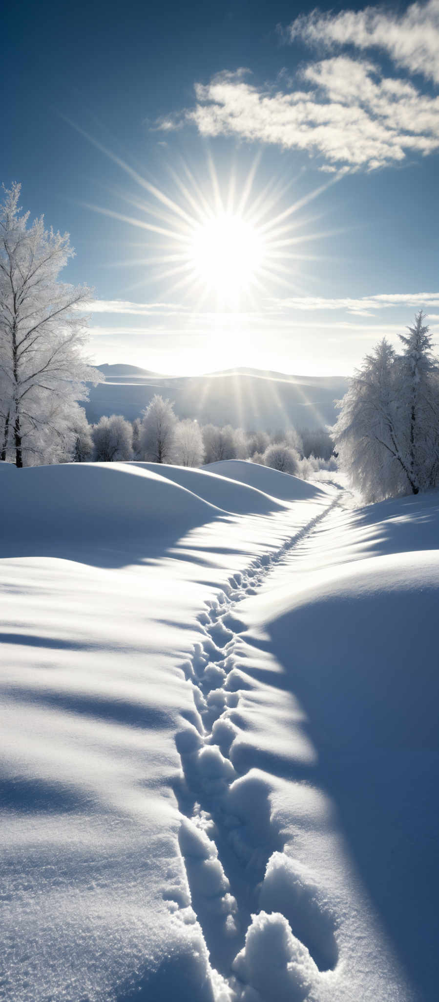 The image showcases a breathtaking winter landscape. Dominating the scene is a vast expanse of pristine snow, which is blanketed by footprints leading into the distance. The snow is undulating, with gentle ripples created by the wind. On the left, there's a tree covered in frost, its branches weighed down by the accumulated snow. The sky above is a clear blue with the sun shining brightly, casting its rays and creating a radiant effect. The sun's position is low, suggesting either early morning or late afternoon. In the background, there are more trees, and the horizon reveals a distant view of mountains or hills.