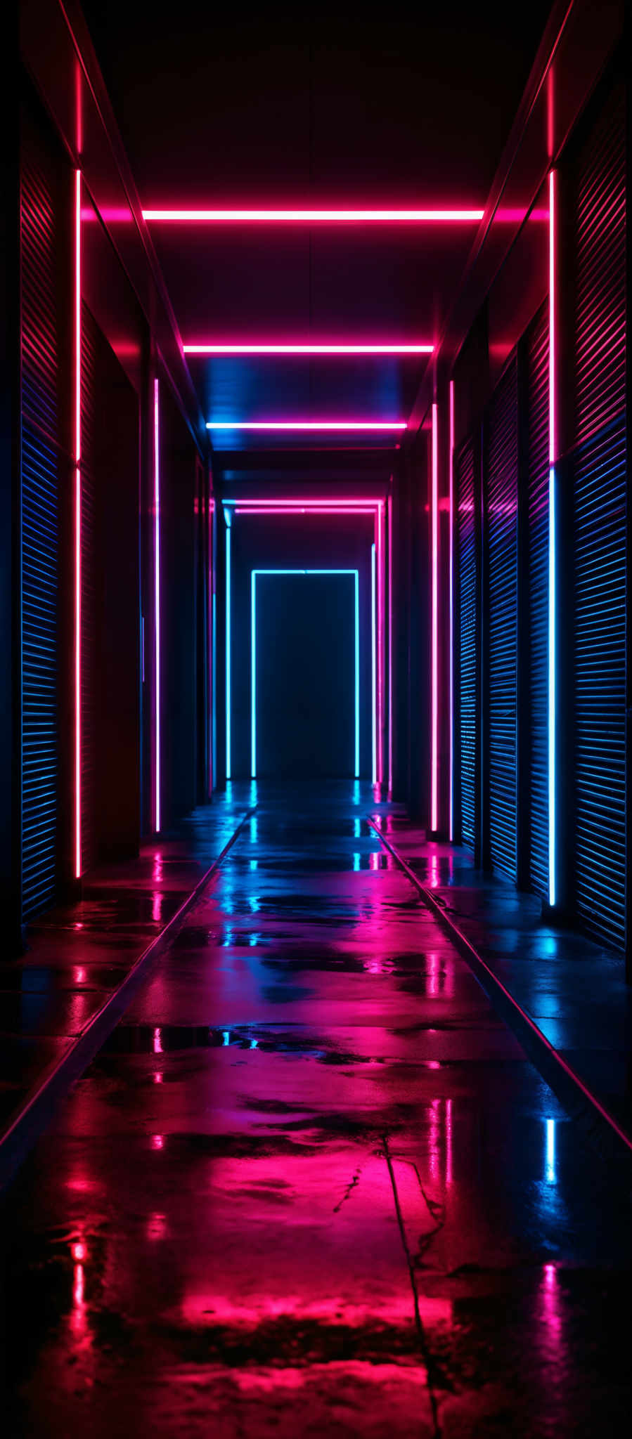 The image showcases a corridor with a modern and futuristic design. The corridors are illuminated by neon lights in vibrant shades of pink and blue. The lights are rectangular in shape and are evenly spaced along the length of the corridory. The floor appears to be wet, reflecting the neon light, and has a dark, almost black hue. The walls of the hallway are metallic and have a striped pattern. The overall ambiance of the image is dark, mysterious, and evokes a sense of anticipation.