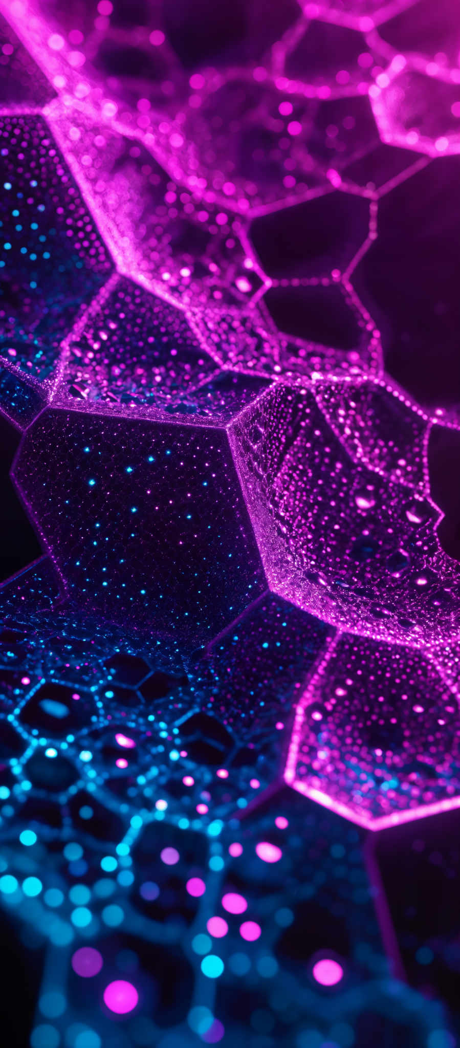 The image showcases a vibrant and intricate digital artwork. It predominantly features hues of purple, pink, and blue. The artwork consists of interconnected hexagonal shapes, creating a mesh-like pattern. These hexagons are filled with small, glowing dots that vary in size, giving the image a luminescent and dynamic appearance. The overall design exudes a sense of modernity and technological advancement.