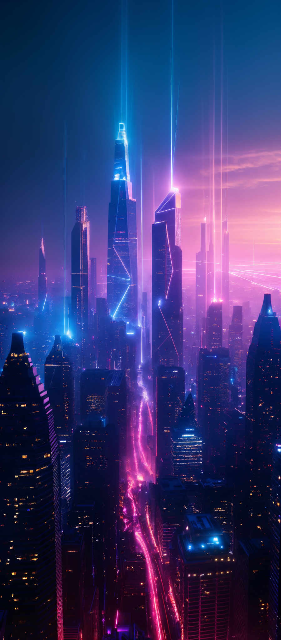 The image showcases a futuristic cityscape during what appears to be dusk or dawn. The sky is painted with hues of pink, purple, and blue, with streaks of light beams shooting upwards. The city is adorned with tall skyscrapers, some of which have unique geometric designs. These buildings emit a radiant blue and pink glow, contrasting with the darker silhouettes of other buildings. The streets below are illuminated with streaking red lights, suggesting the movement of vehicles. Overall, the image exudes a sense of advanced technology and urban development.