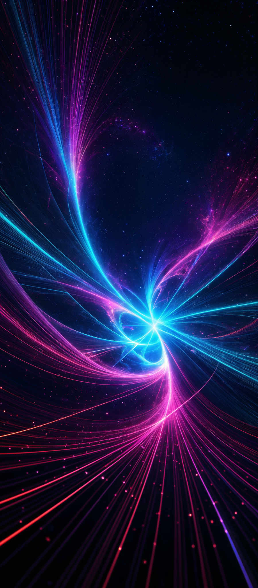 The image showcases a vibrant and dynamic swirl of colors, predominantly shades of blue, pink, and red. The swirls form intricate patterns that resemble streams of energy or light, converging towards a central point. The background is a deep space setting with a sprinkling of stars, adding to the ethereal and cosmic ambiance of the image, suggesting a sense of movement and energy emanating from the central point and spreading outwards.