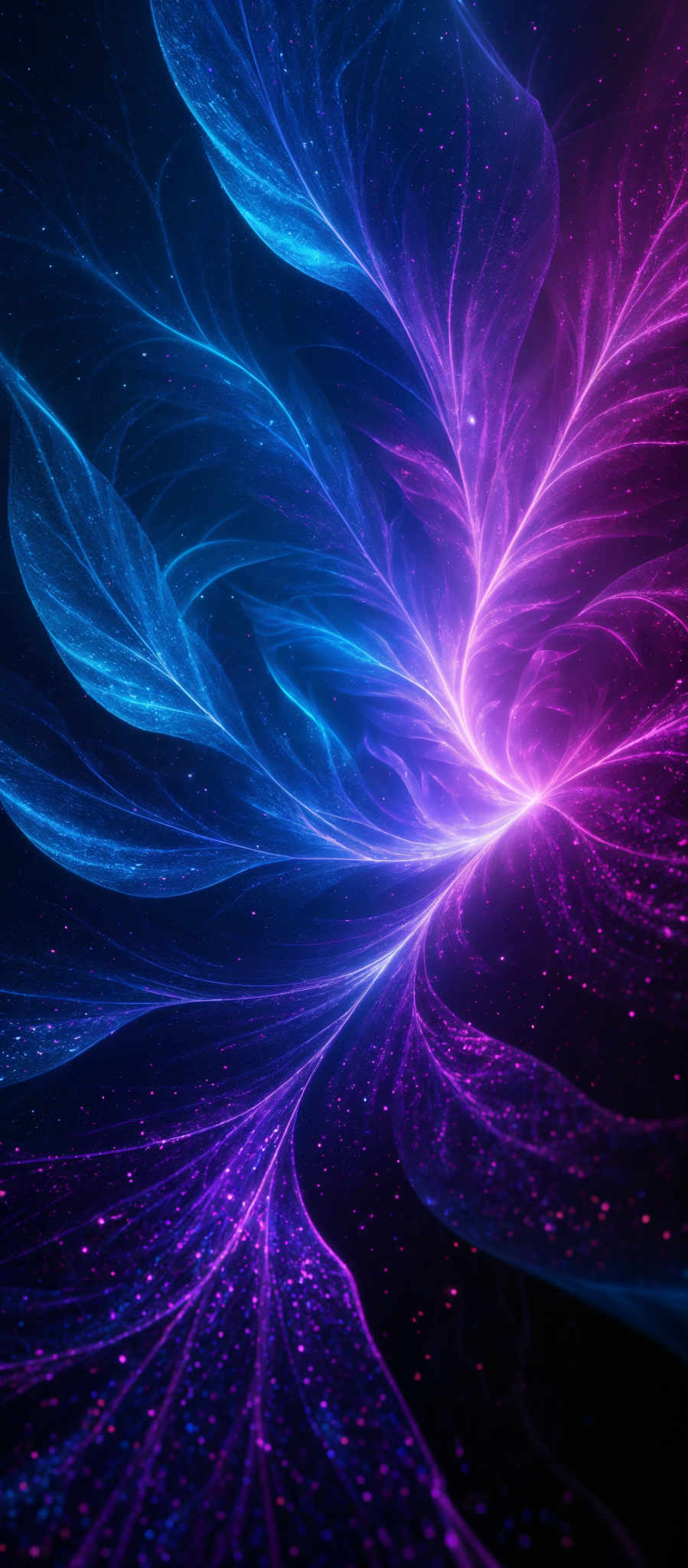 The image showcases a vibrant and mesmerizing interplay of colors. Dominant hues include deep blues, radiant purples, and bright pinks. The shape is reminiscent of a swirling vortex or a cosmic portal, with tendrils of energy emanating outward. The intricate details suggest a dynamic, possibly magnetic or energy-filled, formation. The background is dark, which accentuates the luminescence of the colors and adds depth to the overall composition.