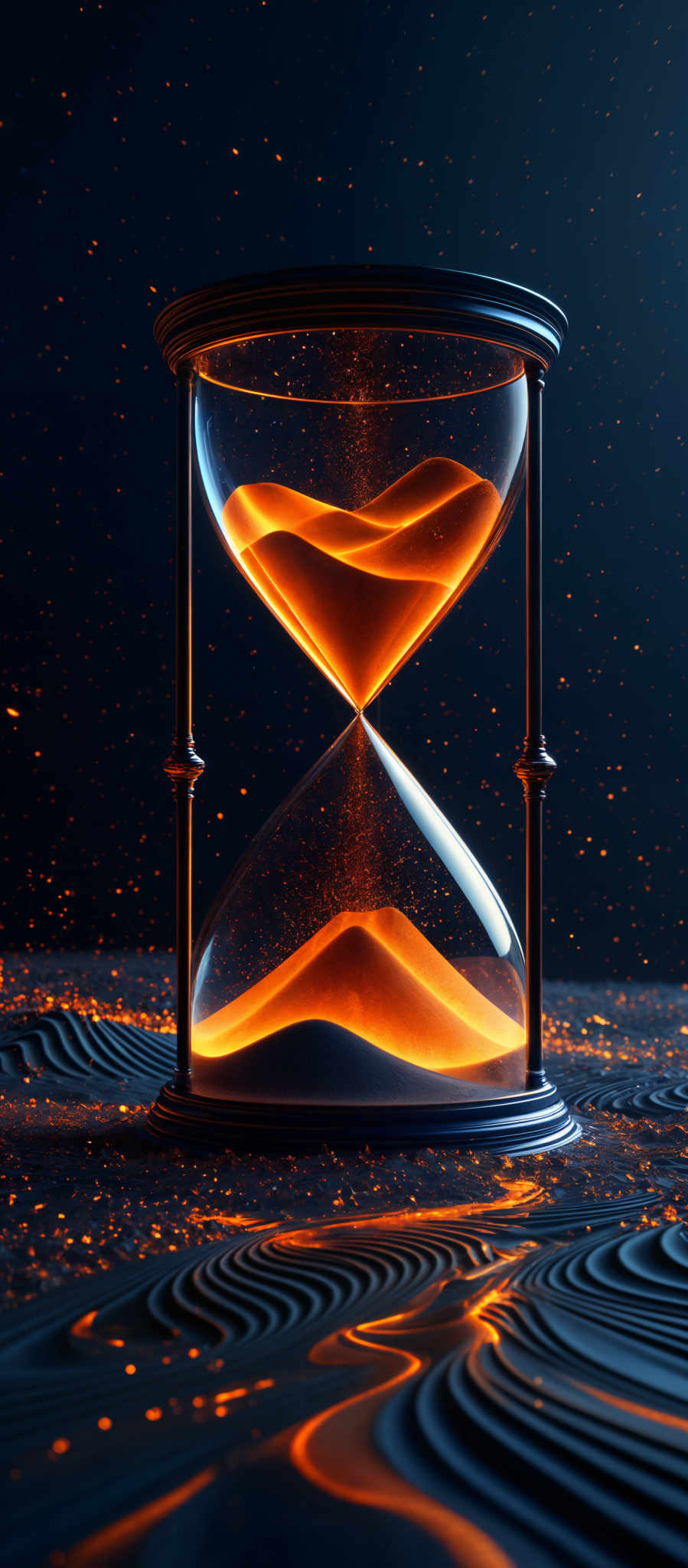 The image showcases a sand timer or hourglass, which is a device used to measure the passage of time. The timer is placed on a surface with a wavy, golden pattern. The sand inside the timer is glowing with a bright orange hue, creating a striking contrast against the dark background. The top bulb of the hourglass is filled with sand, while the bottom bulb is empty, indicating the passage or elapsed time.