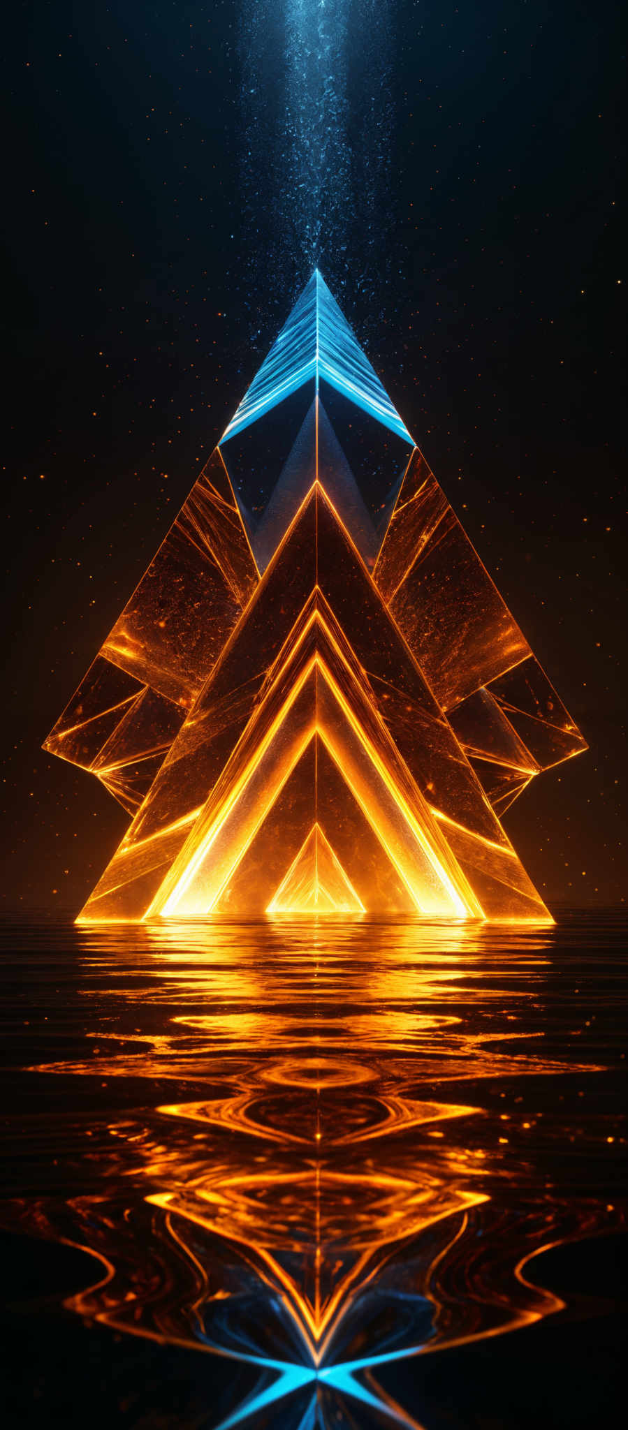 The image showcases a three-dimensional geometric structure that resembles a pyramid or prism. It is illuminated with a radiant blue glow on the top, transitioning to a fiery orange and red hue towards the base. The structure is reflected in a body of water below, creating a mirror image. The background is dark, with a sprinkling of small, bright particles, possibly representing stars or distant lights.